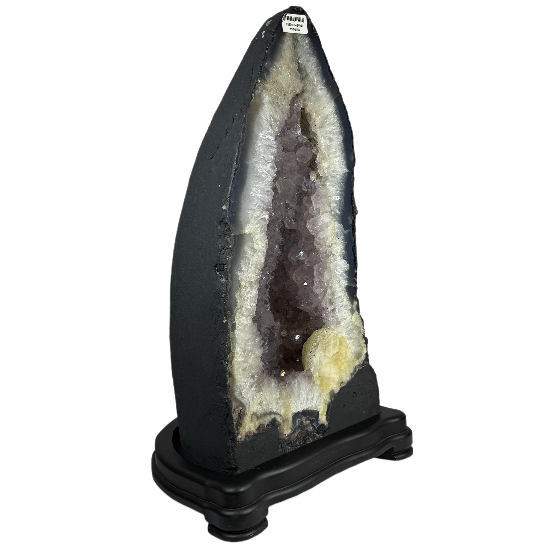 Natural Triangular Shape Amethyst Cave with Wooden Display 20,570.8g 270.0 by 240.0 by 470.0mm - Huangs Jadeite and Jewelry Pte Ltd