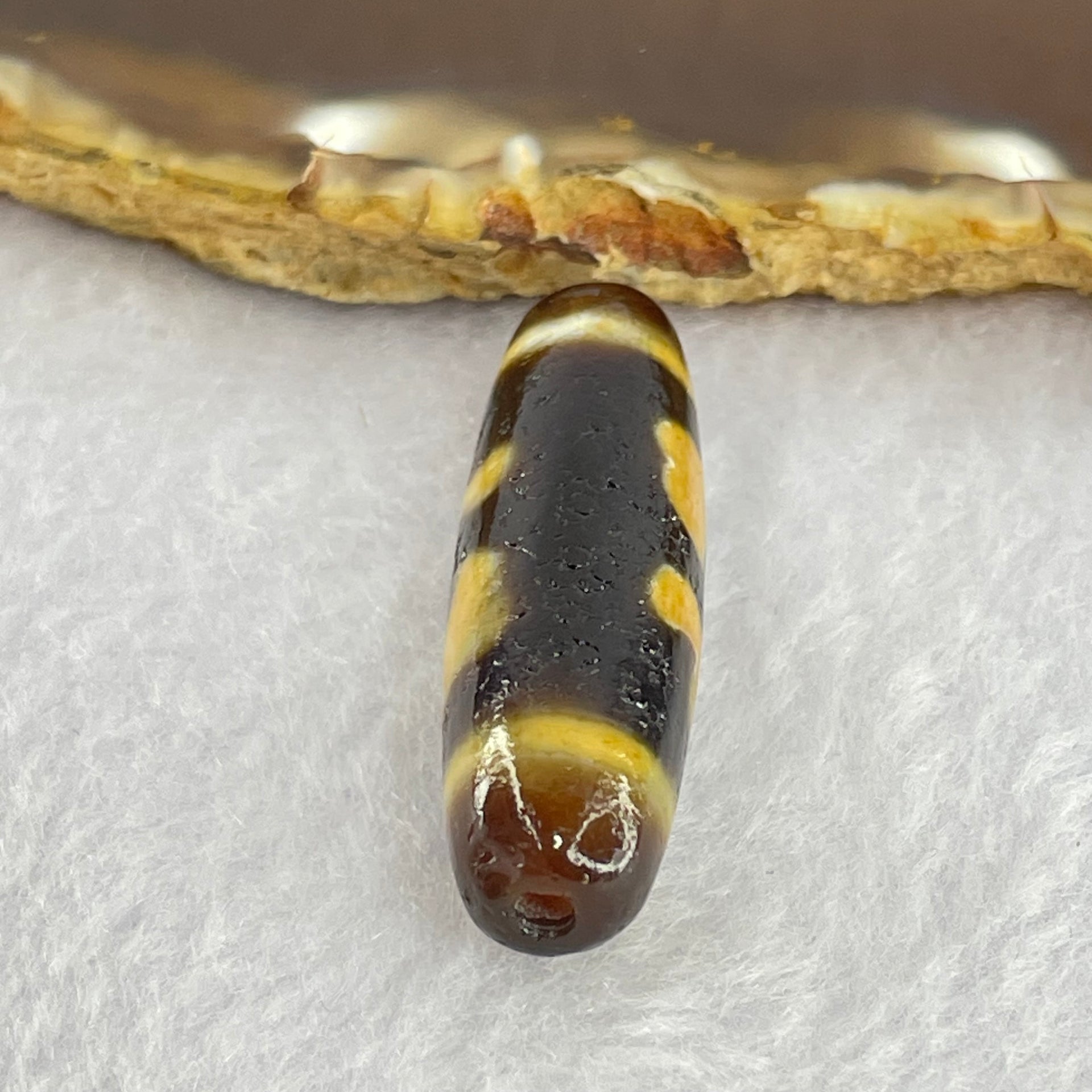 Natural Powerful Tibetan Old Oily Brown Yellowish White Agate Green Tara Dzi Bead Heavenly Master (Tian Zhu) 绿度母天珠 7.47g 38.2 by 11.6mm - Huangs Jadeite and Jewelry Pte Ltd