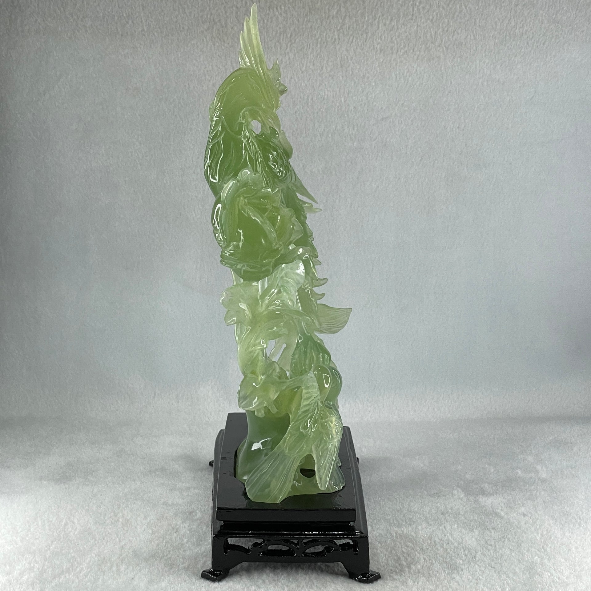 Natural Icy Light Green Serpentine Phoenix on Tree with Twin Birds and Flower with Wooden Stand Display 710.1g 169.0 by 262.0 by 84.0mm - Huangs Jadeite and Jewelry Pte Ltd