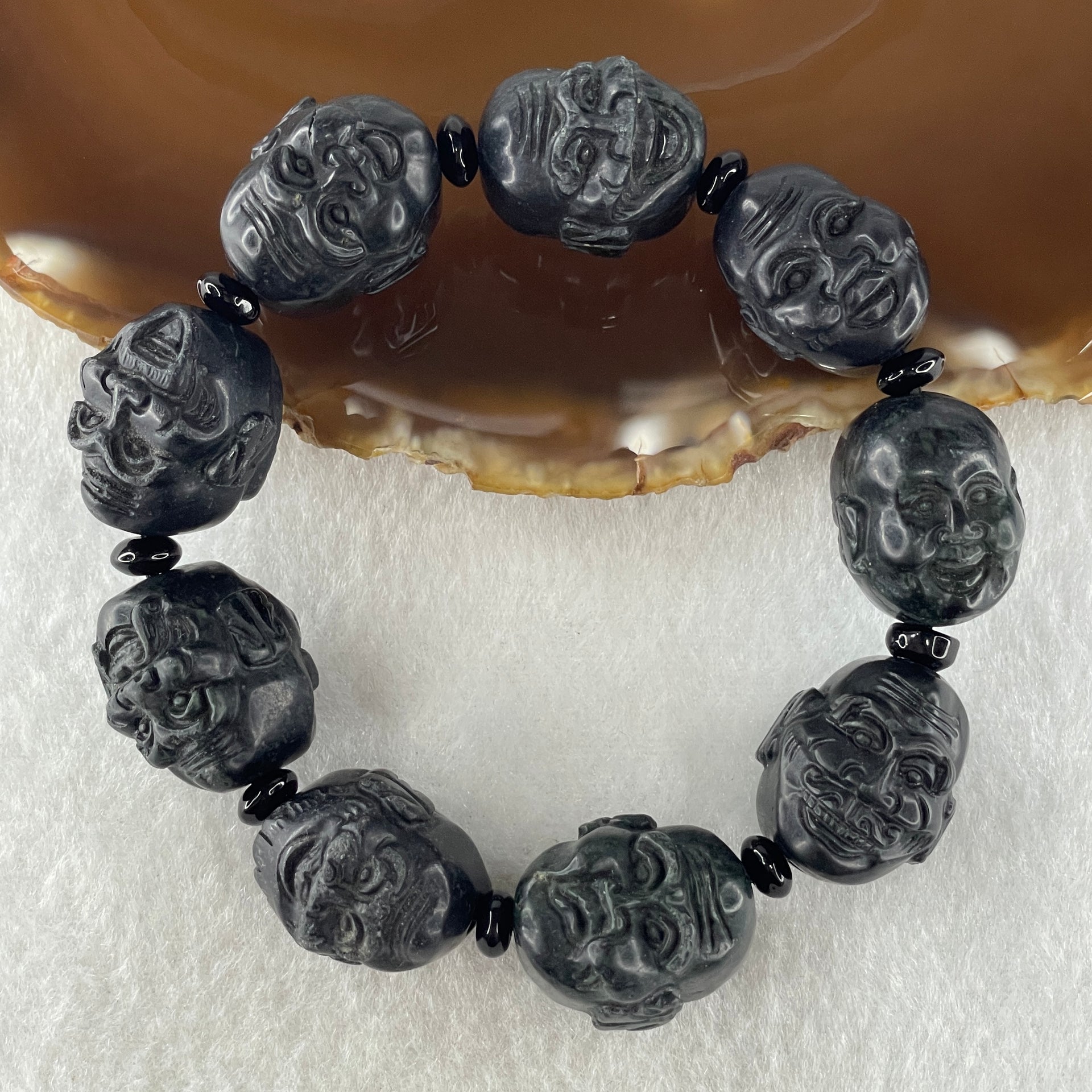 Type A Opaque Black Omphacite Jadeite Eighteen Arhats or 18 Luohans  十八羅漢 Head Beads Bracelet 101.90g 16cm 19.9mm 9 Beads - Huangs Jadeite and Jewelry Pte Ltd