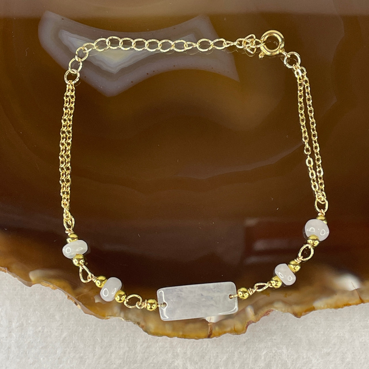 Natural Type A Near White Jadeite Plaque Bracelet | Elegant Gold-Toned Adjustable 13-17cm Fine Layering Chain | Minimalist Glacial Mist Amulet (5.84g 18.1x7.5x3.3mm)