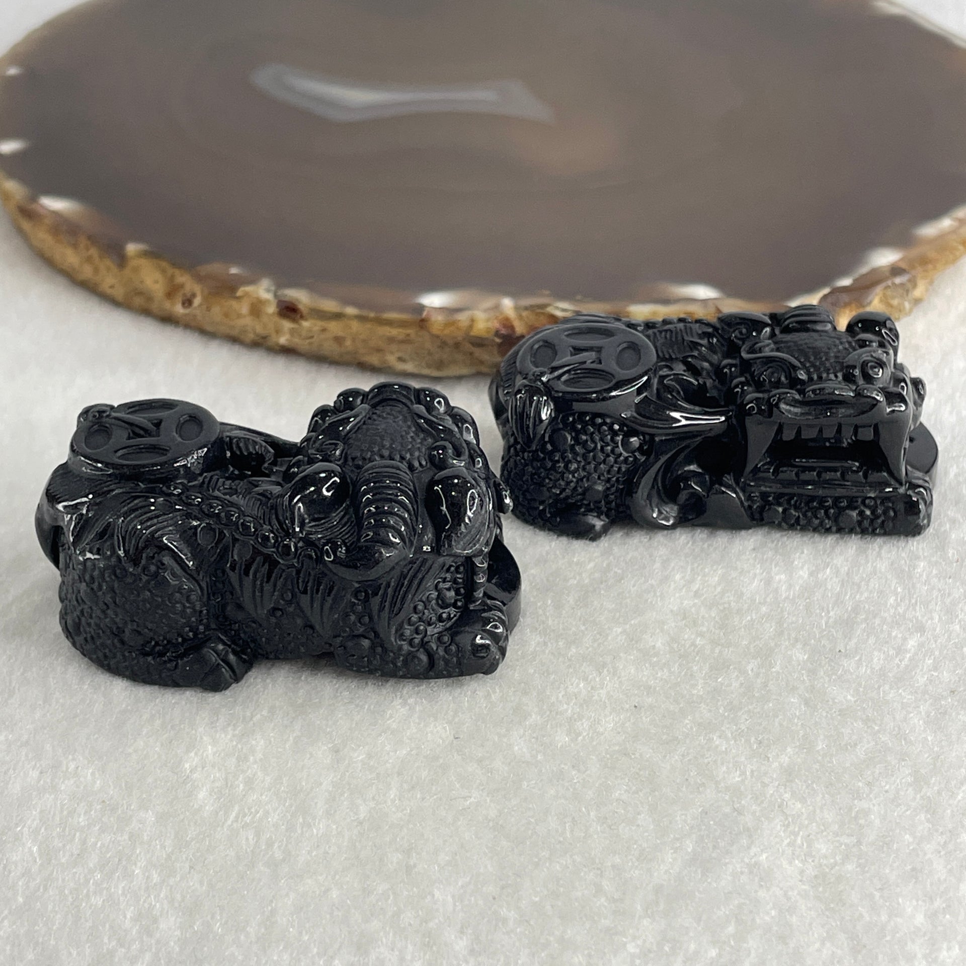 Certified Natural Type A Black Omphacite Jadeite Pixiu pair Pendant Each About 62.82g 49.5 by 28.0 by 21.6mm And 58.24g 50.2 by 28.5 by 19.9mm - Huangs Jadeite and Jewelry Pte Ltd