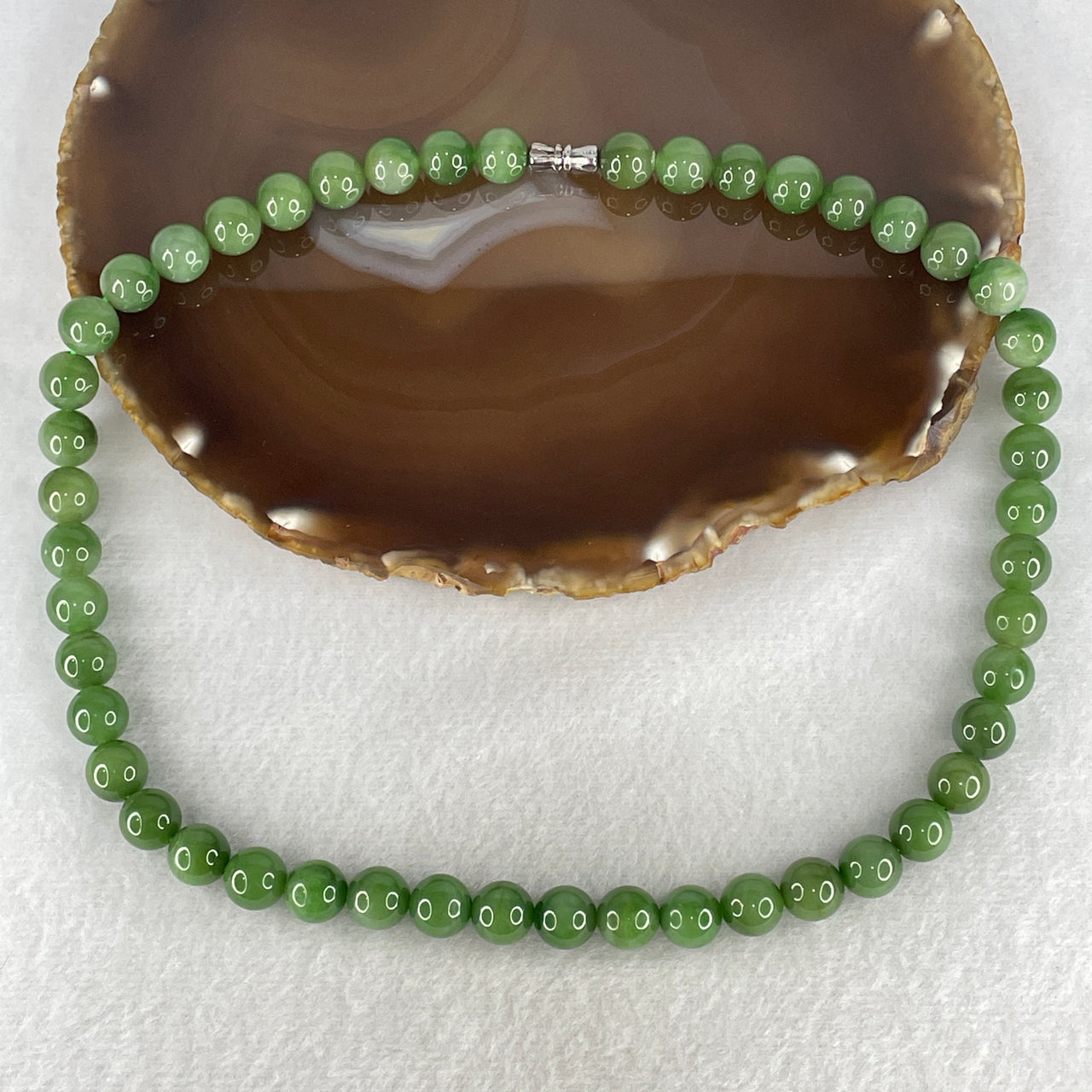 Certified Natural Nephrite Necklace 64.50g - 9.6mm x 48 Beads - 44cm Length - Full Green Grade A Untreated Nephrite Jade Jewelry