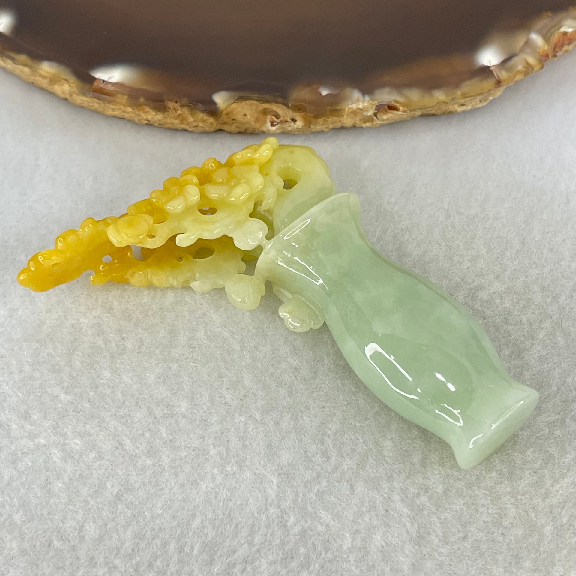Type A Light Green with Yellow Jadeite Vase with Prosperity Flowers Pendant / Display 28.78g 59.0 by 49.7 by 14.1mm with Wooden Stand - Huangs Jadeite and Jewelry Pte Ltd