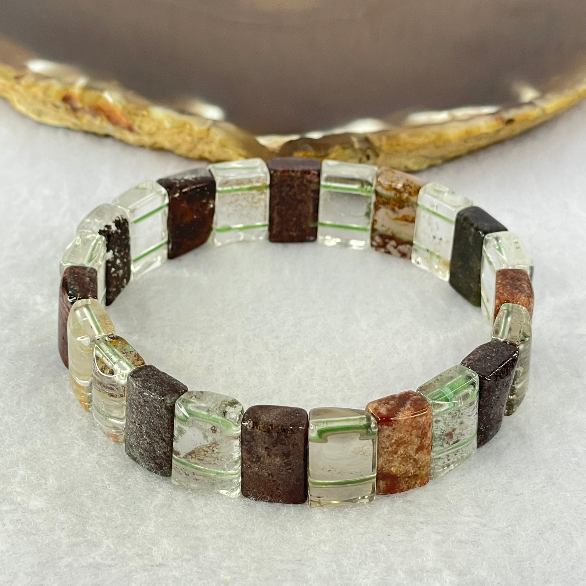 Natural Phantom Quartz Crystal Beads Bracelet 32.23g 17.5cm 13.6 by 8.2 by 5.0mm 23pcs - Huangs Jadeite and Jewelry Pte Ltd