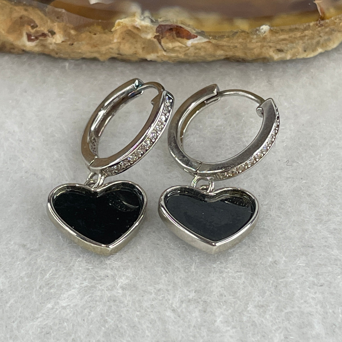 Certified Type A Black Omphacite Jadeite Heart Earrings in S925 Sterling Silver | Romantic Protection Studs (3.62g | 8.2 x 9.9 x 1.5mm)