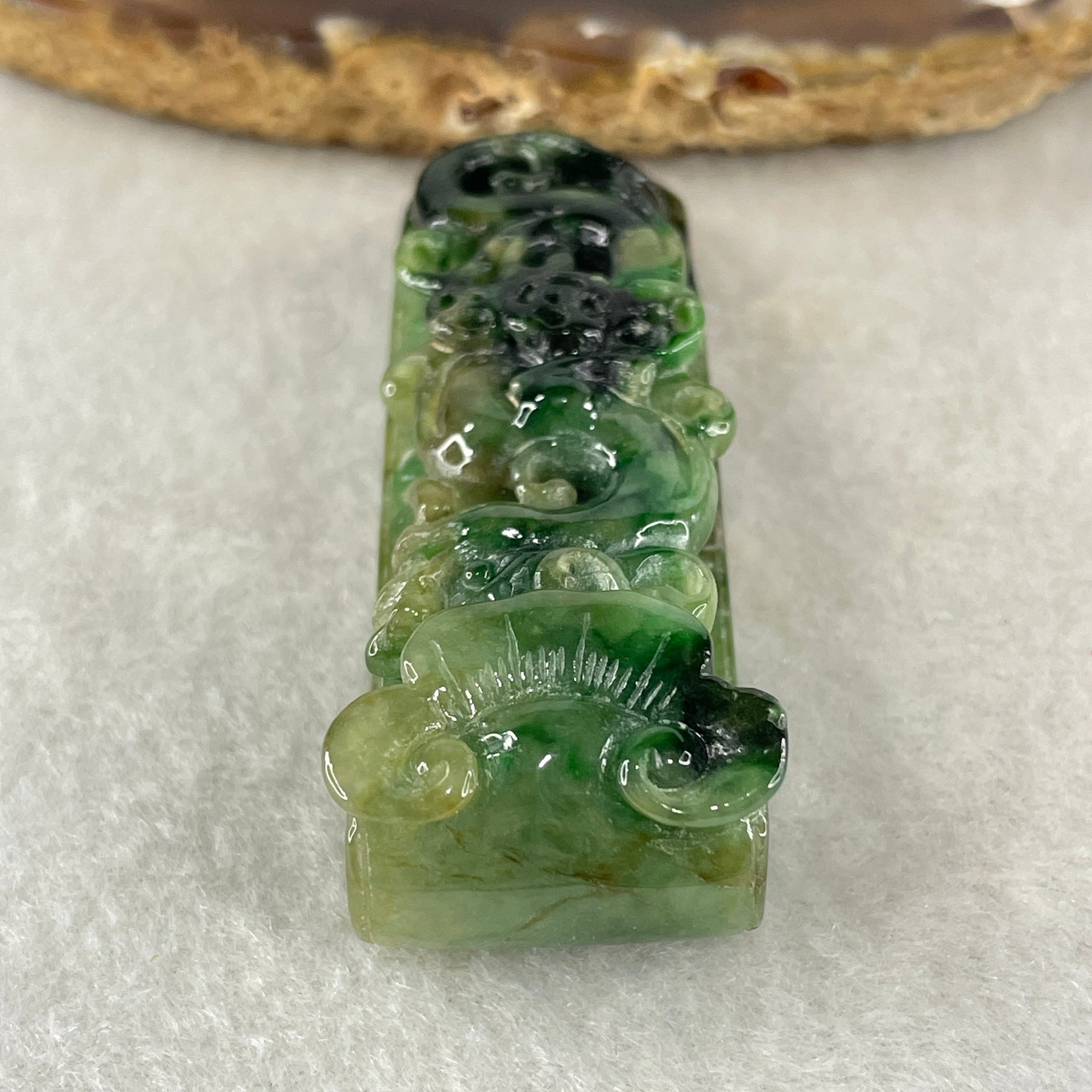 Antique Natural Type A Old Mine Spicy Green with Dark Green Patches Jadeite Dragon Coins with Ruyi Pendant 26.94g 57.8 by 21.2 by 14.7mm - Huangs Jadeite and Jewelry Pte Ltd