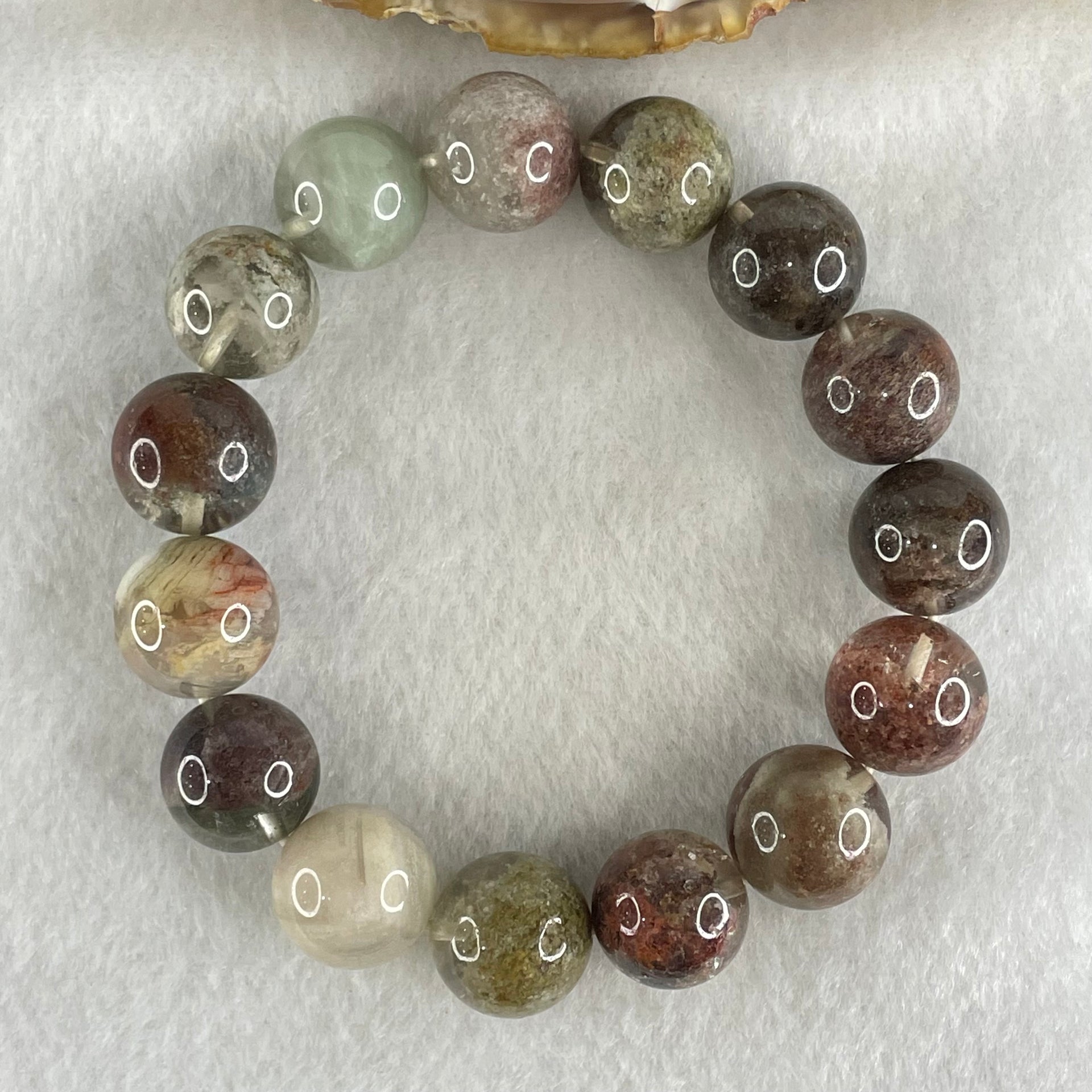 Above Average Grade Natural Red White Green Phantom Quartz Beads Bracelet 60.35g 17cm 14.8mm 15 Beads - Huangs Jadeite and Jewelry Pte Ltd