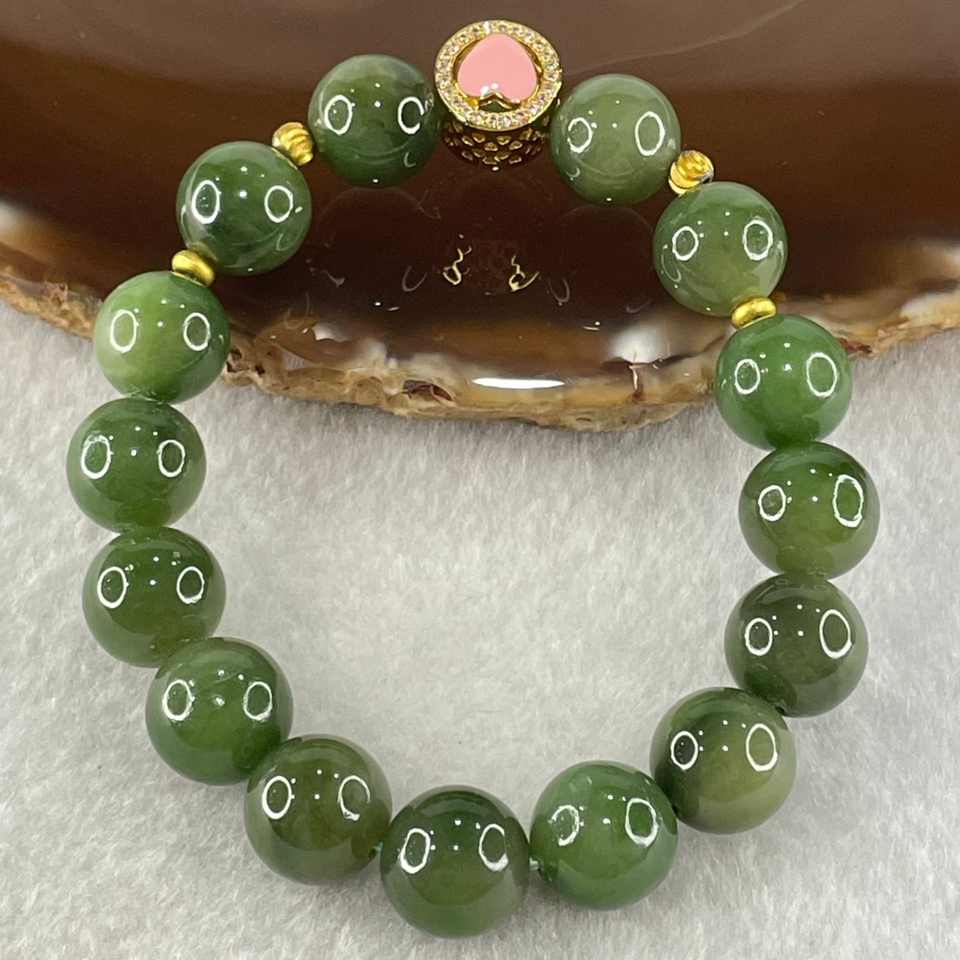 Natural Green Nephrite Beads with Gold Color Charm Bracelet 36.94g 11.4mm 15 Beads - Huangs Jadeite and Jewelry Pte Ltd