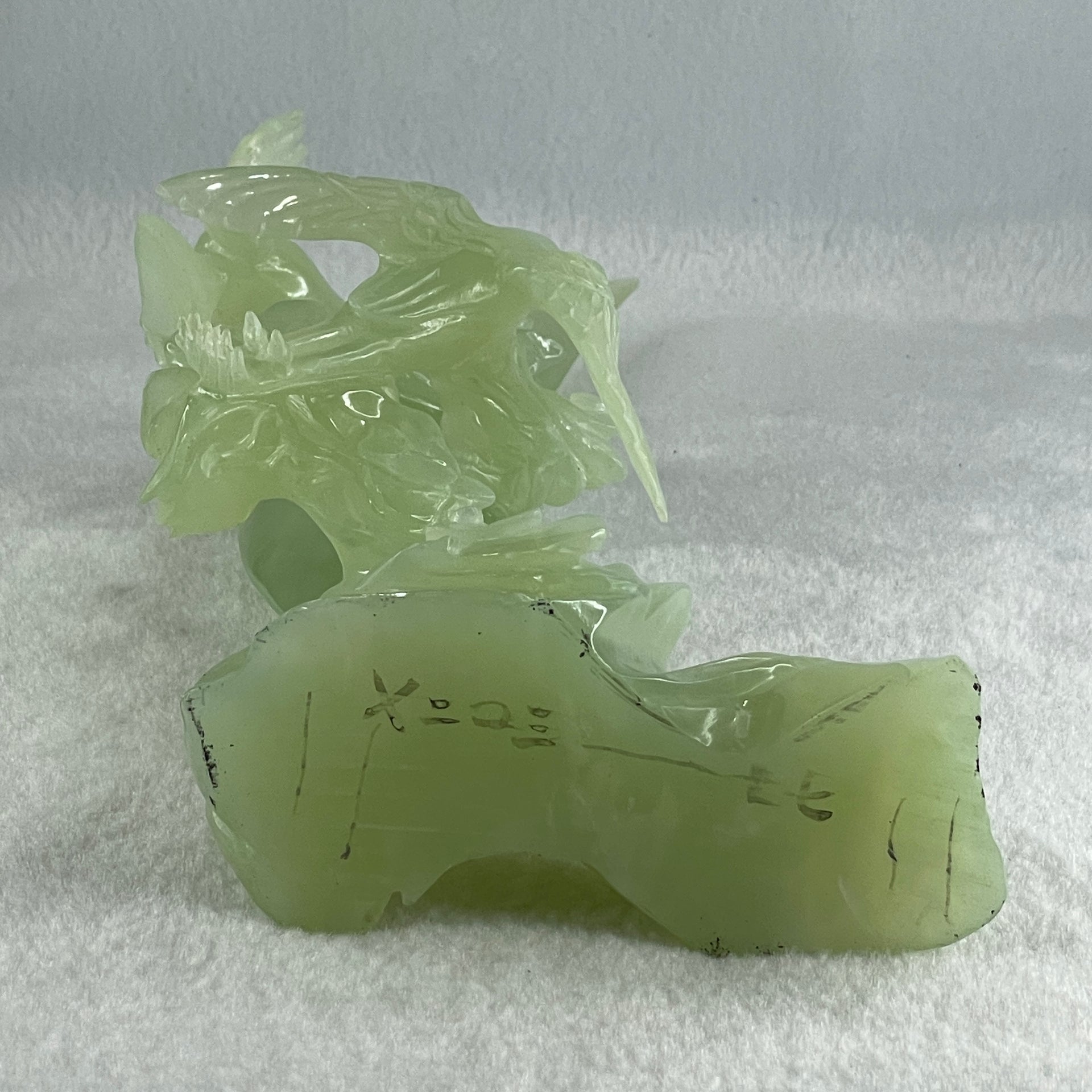 Natural Green Serpentine Twin Cranes on Mountain and Moon with Wooden Stand Display 804.7g H147.0 by B100.0 by H226.0mm - Huangs Jadeite and Jewelry Pte Ltd