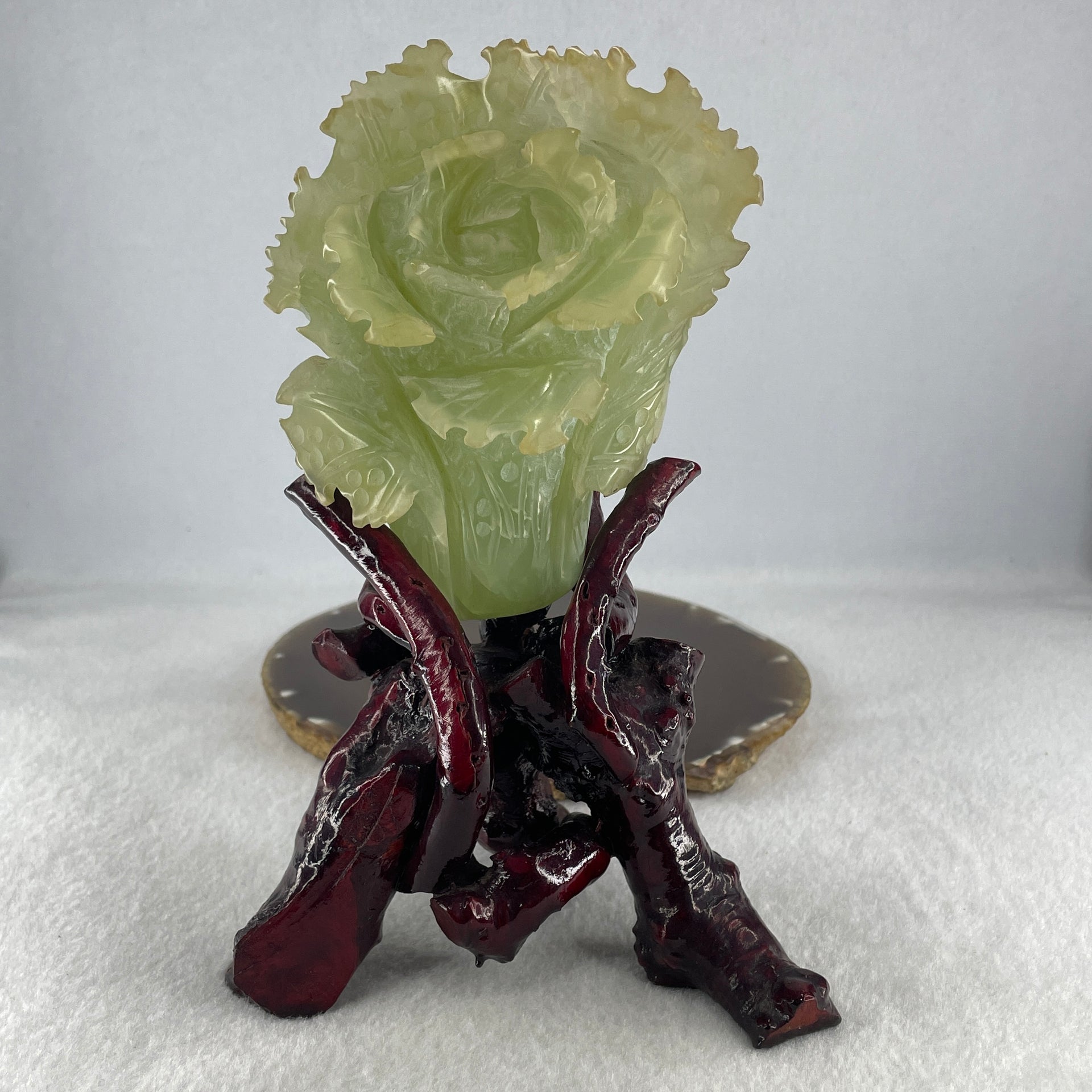 Natural Light Green Serpentine Cabbage Display with Wooden Stand 450.66g 114.5 by 90.0 by 175.0mm - Huangs Jadeite and Jewelry Pte Ltd
