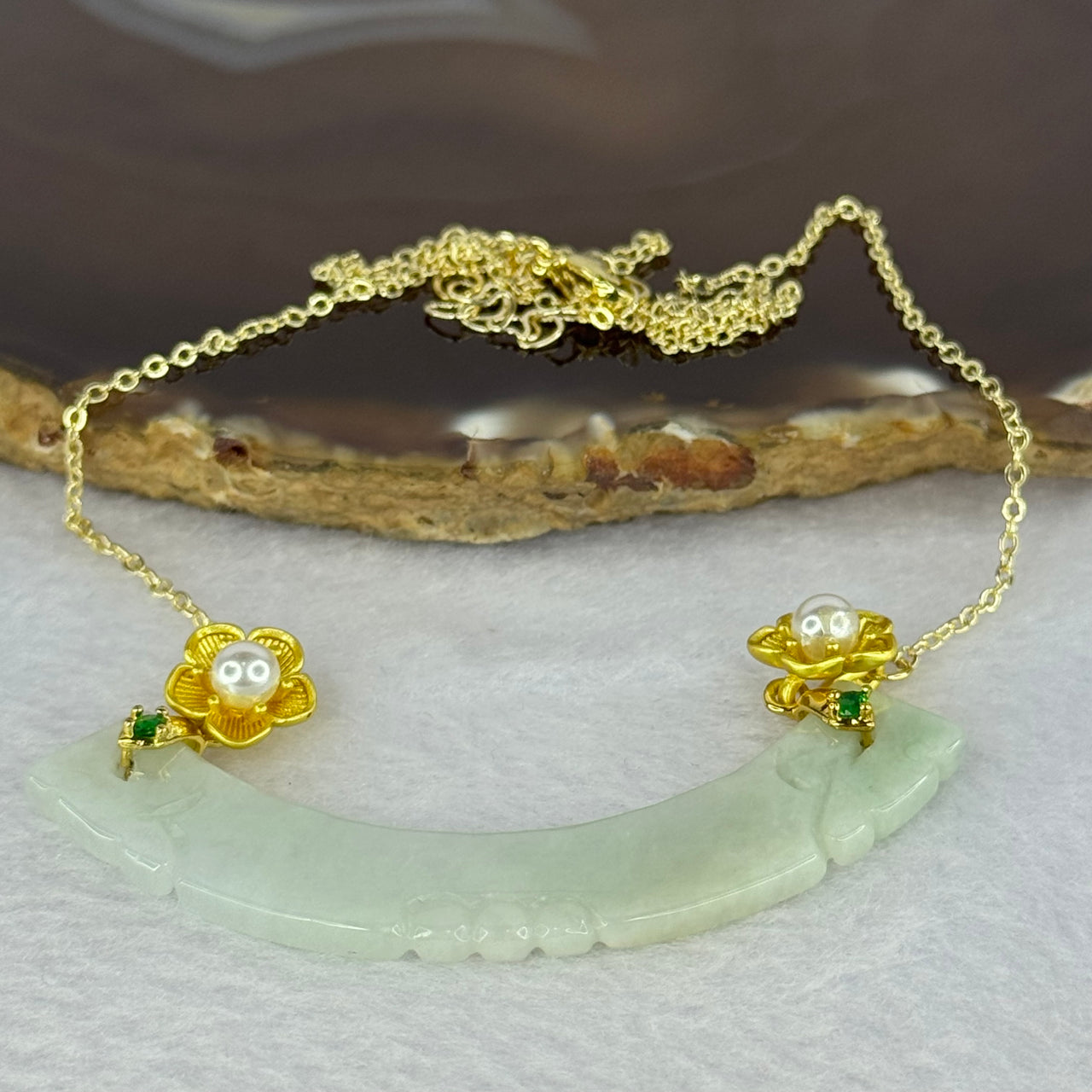 Type A Light Green Jadeite with Gold Color Necklace 10.77g 65.5 by 10.8 by 3.0mm - Huangs Jadeite and Jewelry Pte Ltd