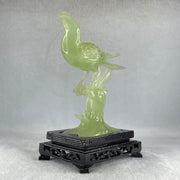 Natural Green Serpentine Javan Mynah Birds on Tree with Wooden Stand Display 338.9g 125.0 by 175.0 by 78.0mm - Huangs Jadeite and Jewelry Pte Ltd