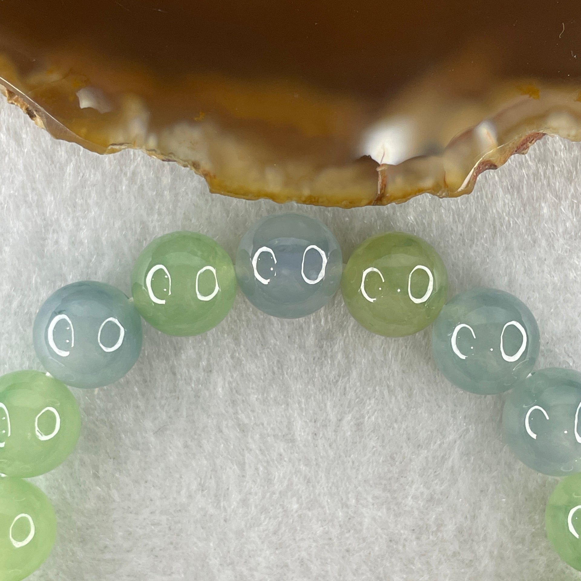 Type A Natural Semi Icy Light Green with Yellow and Blue Jadeite Beads Bracelet 32.94g 15cm 10.0mm 19 Beads - Huangs Jadeite and Jewelry Pte Ltd