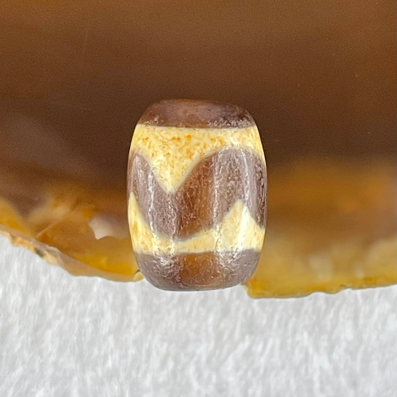 Natural Powerful Tibetan Old Oily Dark Brown Yellow Agate Tiger Tooth Daluo Dzi Bead Heavenly Master (Tian Zhu) 2.50g 14.4 by 10.6mm - Huangs Jadeite and Jewelry Pte Ltd