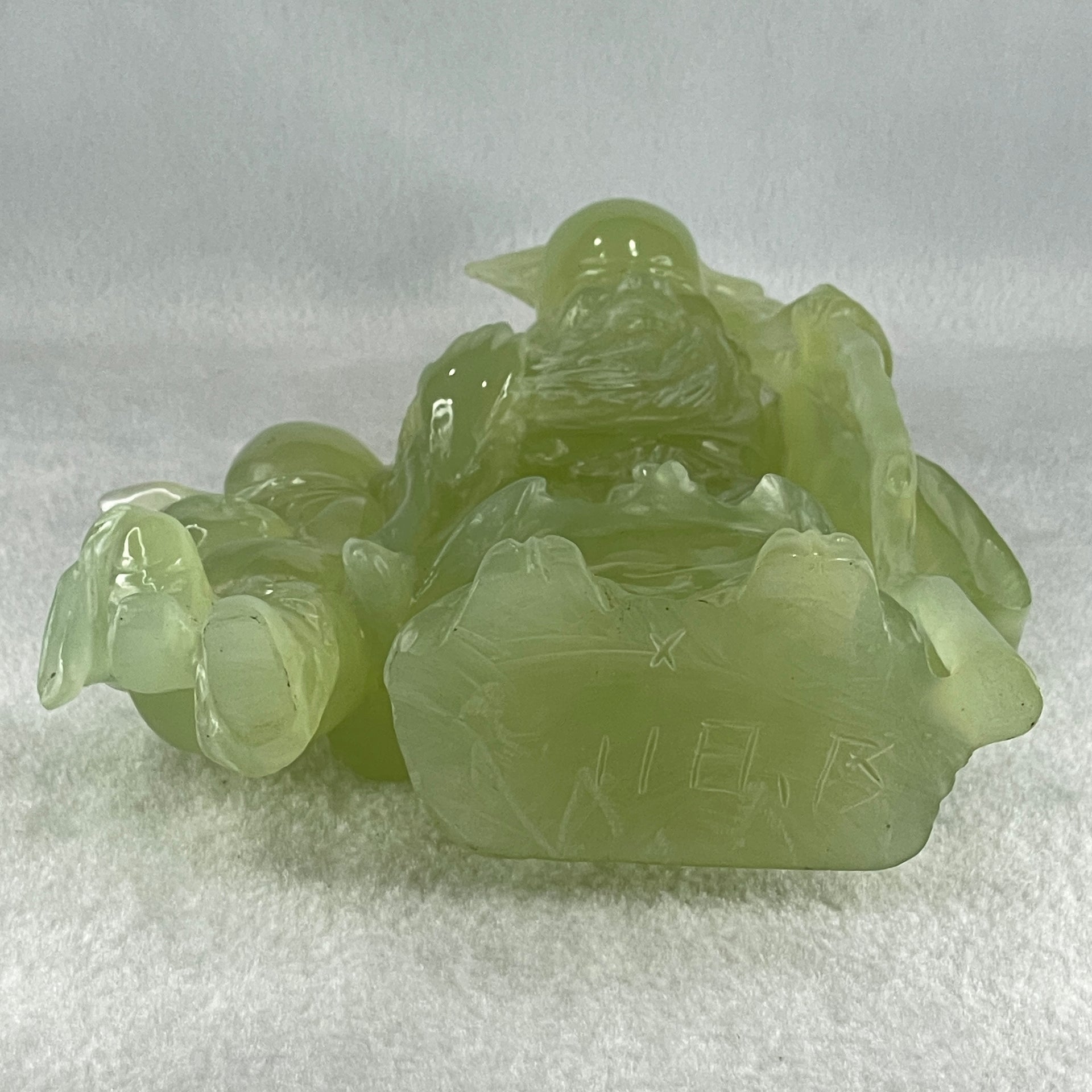 Natural Green Serpentine Shou Xing Gong and Tong Zi with Wooden Stand Display 1,535.1g 160.0 by 276.0 by 68.0mm - Huangs Jadeite and Jewelry Pte Ltd