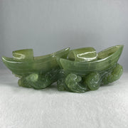 Natural Semi Icy Green Serpentine Double Boats Display 1,692.9g 287.0 by 121.0 by 130.0mm - Huangs Jadeite and Jewelry Pte Ltd