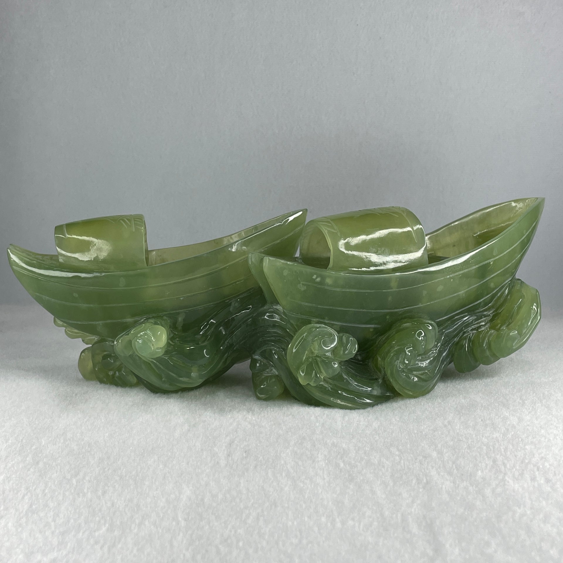 Natural Semi Icy Green Serpentine Double Boats Display 1,692.9g 287.0 by 121.0 by 130.0mm - Huangs Jadeite and Jewelry Pte Ltd