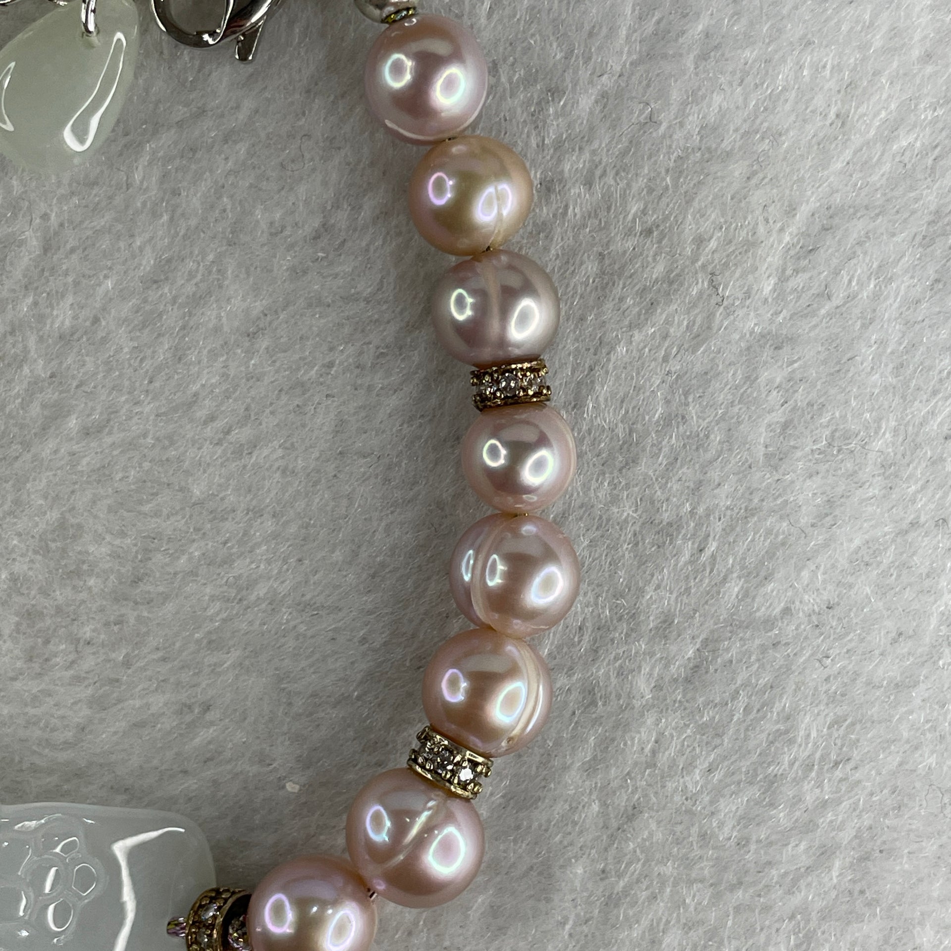 Natural Type A Semi Icy Light Lavender Jadeite Flower with Faux Pearl Beads Bracelet 13.94g 15-20cm 37.3 by 14.1 by 3.0mm - Huangs Jadeite and Jewelry Pte Ltd