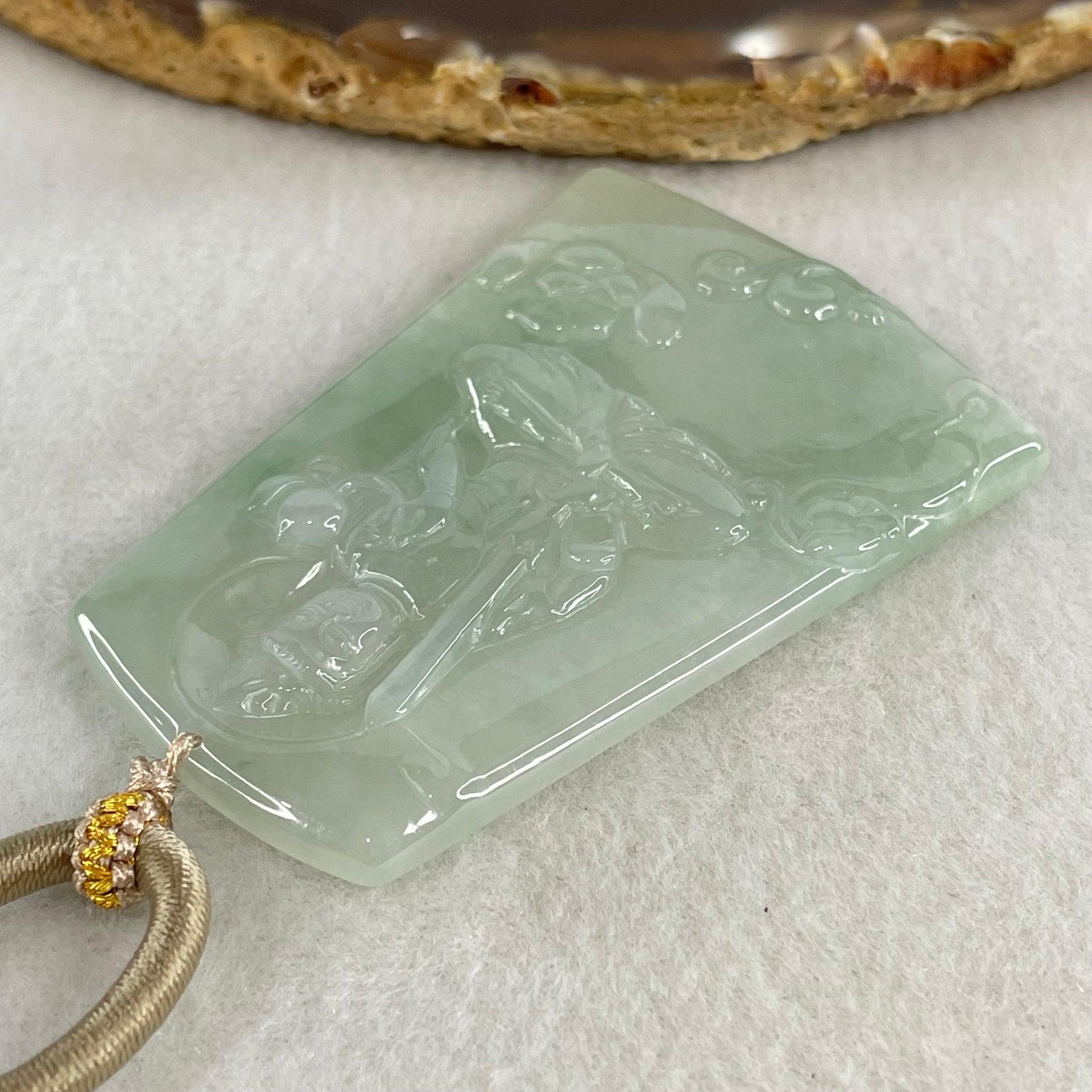 Type A Icy Green with Green Piao Hua Jadeite Guan Yin Bodhisattva Pendant 30.08g 63.4 by 44.1 by 5.3mm - Huangs Jadeite and Jewelry Pte Ltd