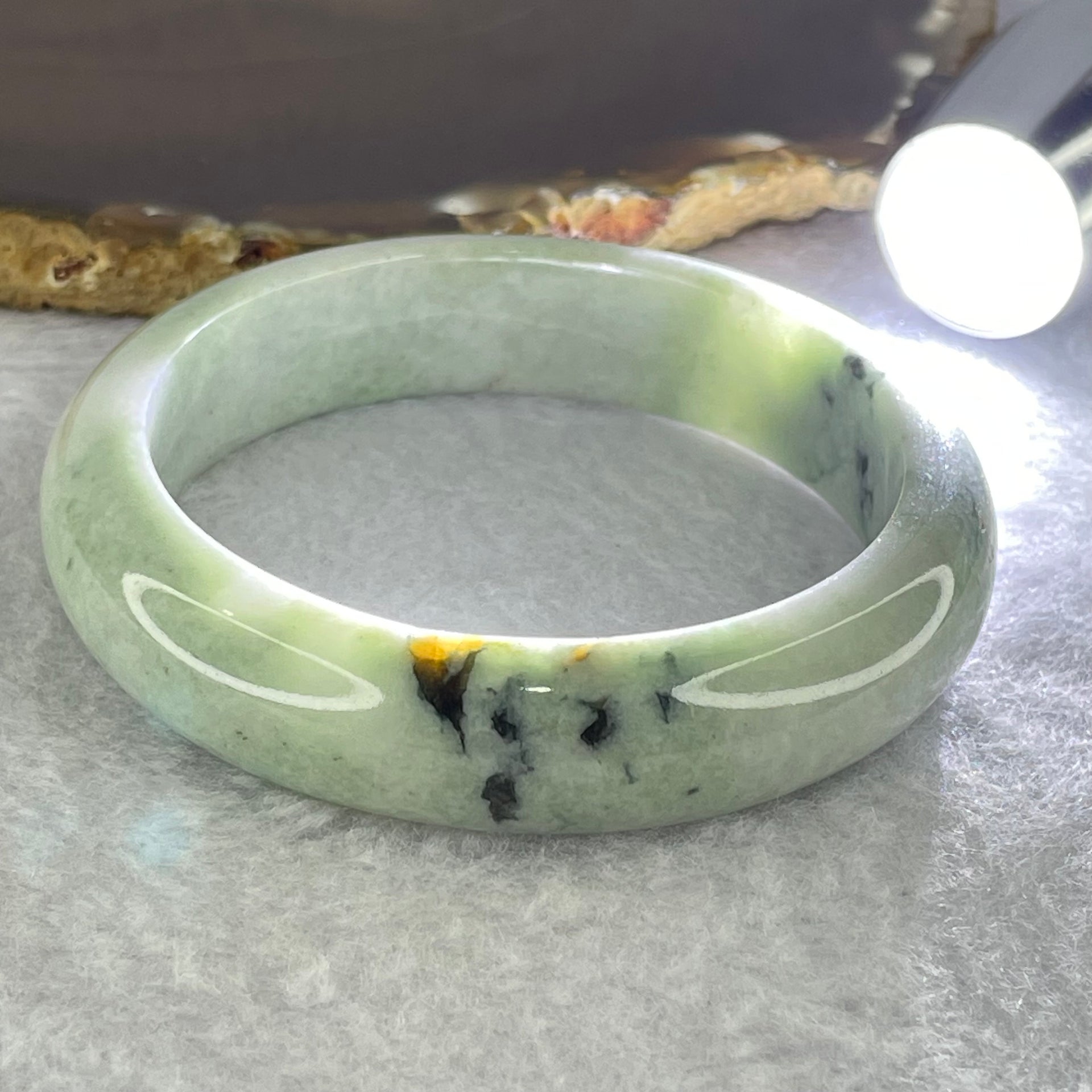 Type A Green with Moss Green Piao Hua Jadeite Bangle Internal Diameter 56.5mm 64.29g 14.4 by 8.7mm (Slight Internal Lines) - Huangs Jadeite and Jewelry Pte Ltd