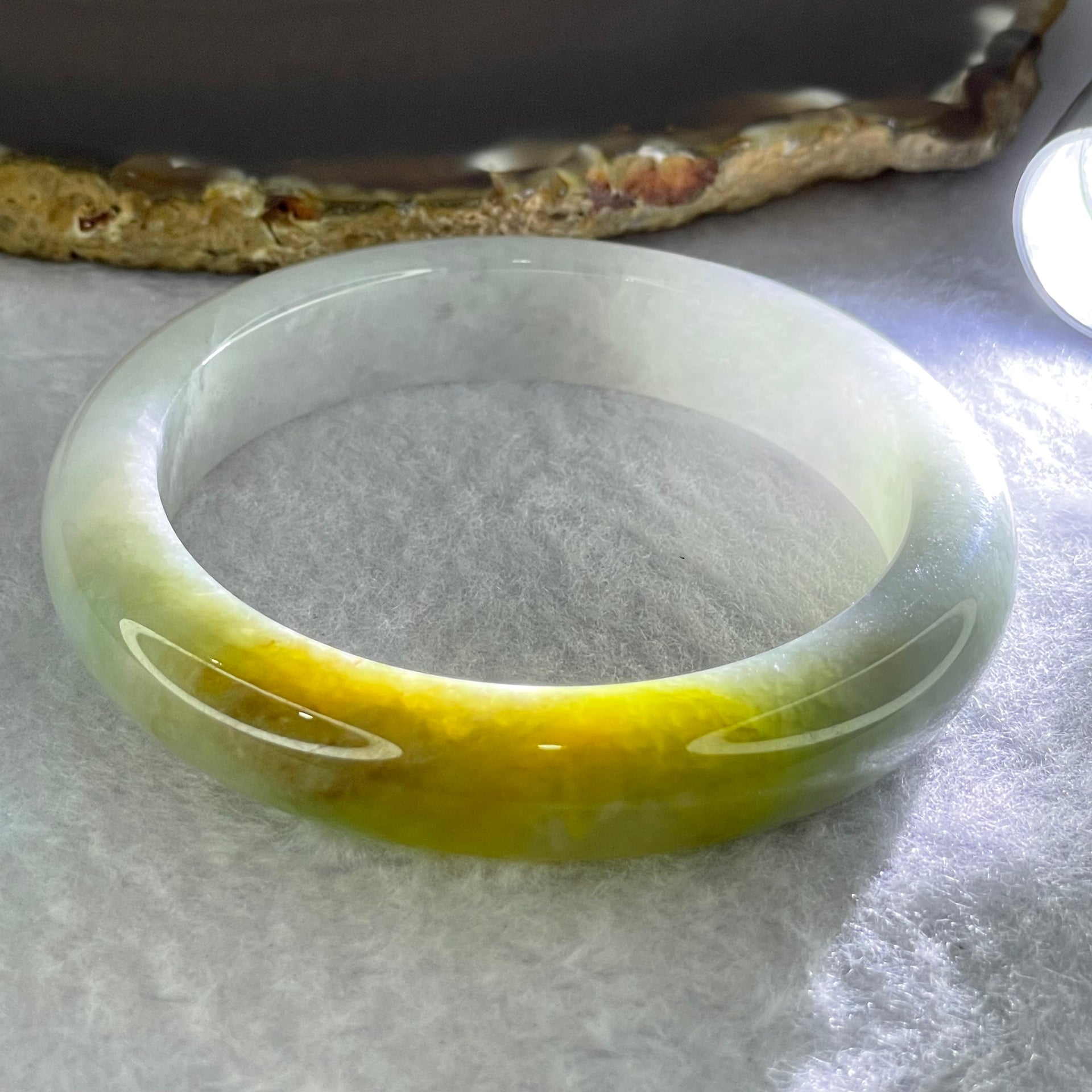 Type A Green Lavender with Brownish Yellow Patches Jadeite Bangle Internal Diameter 55.1mm 56.67g 11.9 by 8.7mm (VerSlight External Line + Very Slight Internal Line) - Huangs Jadeite and Jewelry Pte Ltd