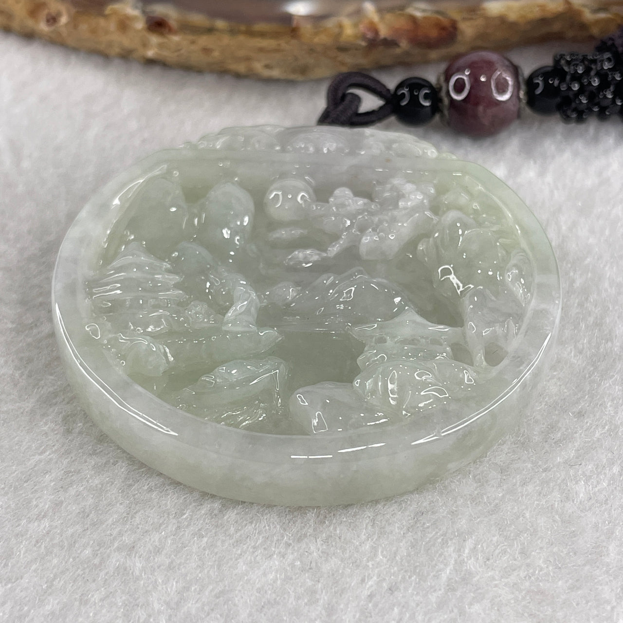 Natural Type A Light Green with Faint Lavender Jadeite Shan Shui with Guiren Benefactor Pendant 56.64g 54.1 by 9.2mm - Huangs Jadeite and Jewelry Pte Ltd