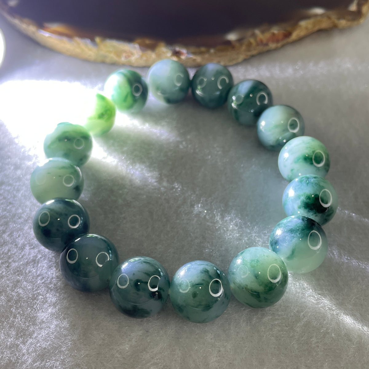 Certified Natural Type A Lavender with Old Mine Green Piao Hua Jadeite Beads Bracelet | 17cm (66.69g | 16 Beads 13.4mm | Crown, Heart & Third Eye Chakra Harmony, Regal Prosperity & Peace Shield) - Huangs Jadeite and Jewelry Pte Ltd