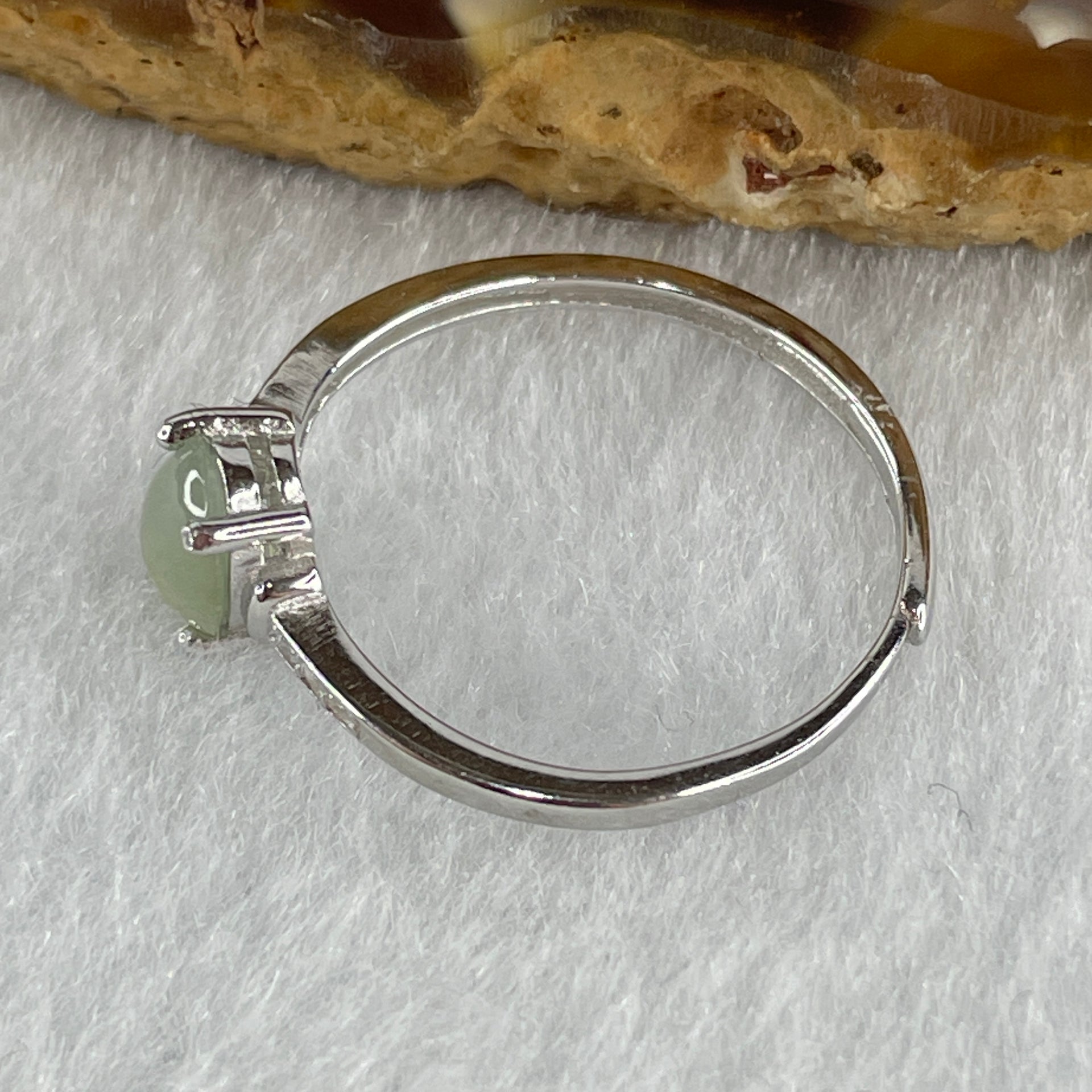Natural Type A Semi Icy Faint Green Jadeite Oval Shape Cabouchon in S925 Silver Ring (Adjustable Size) 1.22g 7.2 by 5.0 by 2.0mm - Huangs Jadeite and Jewelry Pte Ltd