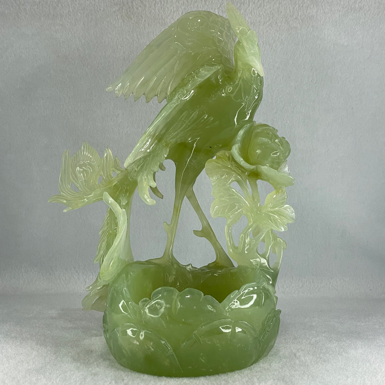 Natural Semi Icy Green Serpentine Phoenix on Pond and Flower Display 1,488.3g 175.0 by 230.0 by 129.0mm - Huangs Jadeite and Jewelry Pte Ltd