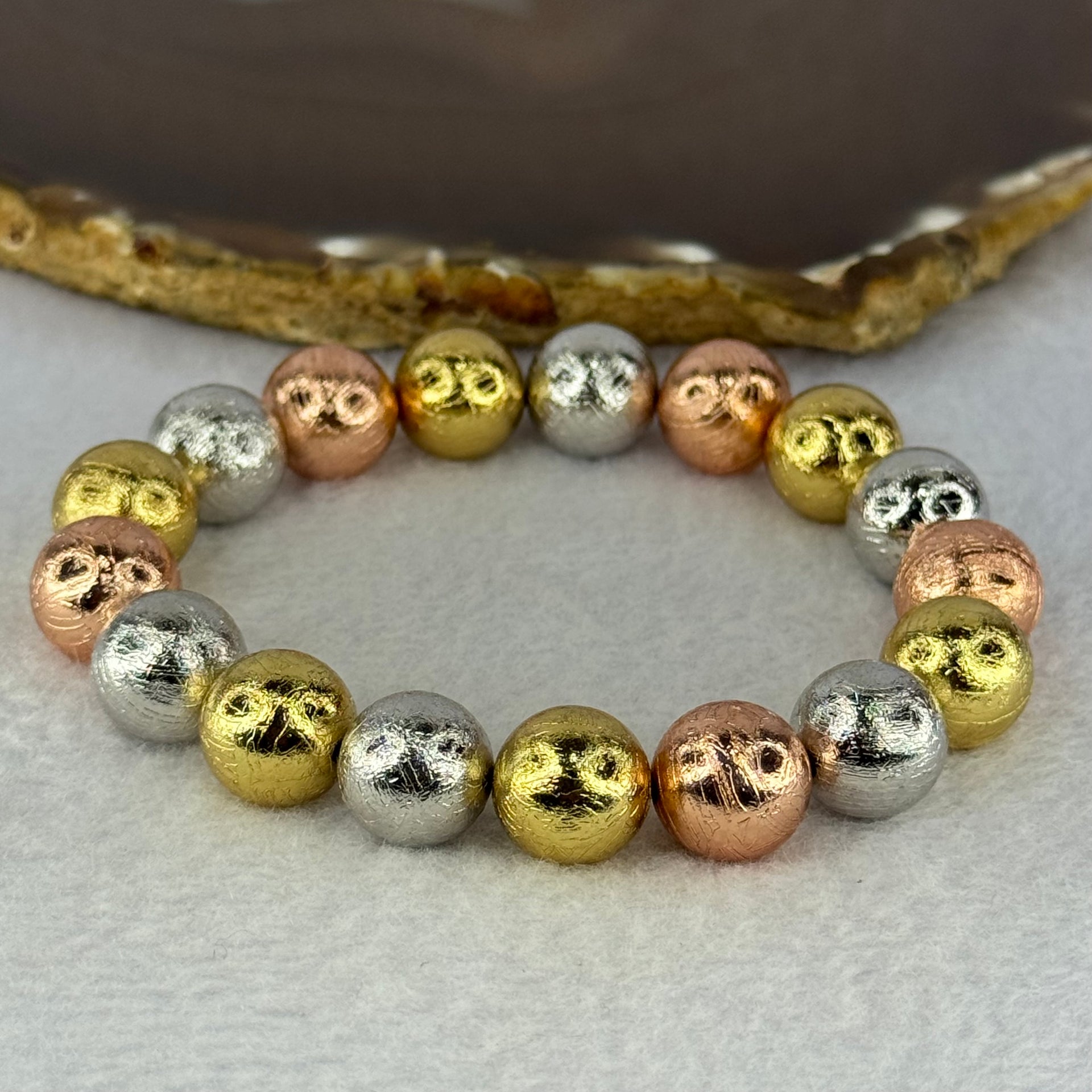 Natural Meteorite Sliver, Gold and Rose Gold Color Beads Bracelet 125.96g 18cm 12.4mm 17 Beads - Huangs Jadeite and Jewelry Pte Ltd