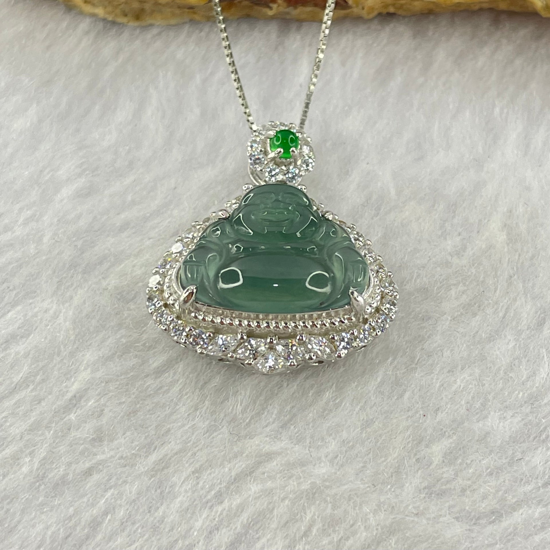 Type A Icy Blueish Green Jadeite Milo Buddha Pendent with Crystals in S925 Sliver Setting and Chain 3.39g 12.8 by 16.0 by 3.0mm - Huangs Jadeite and Jewelry Pte Ltd