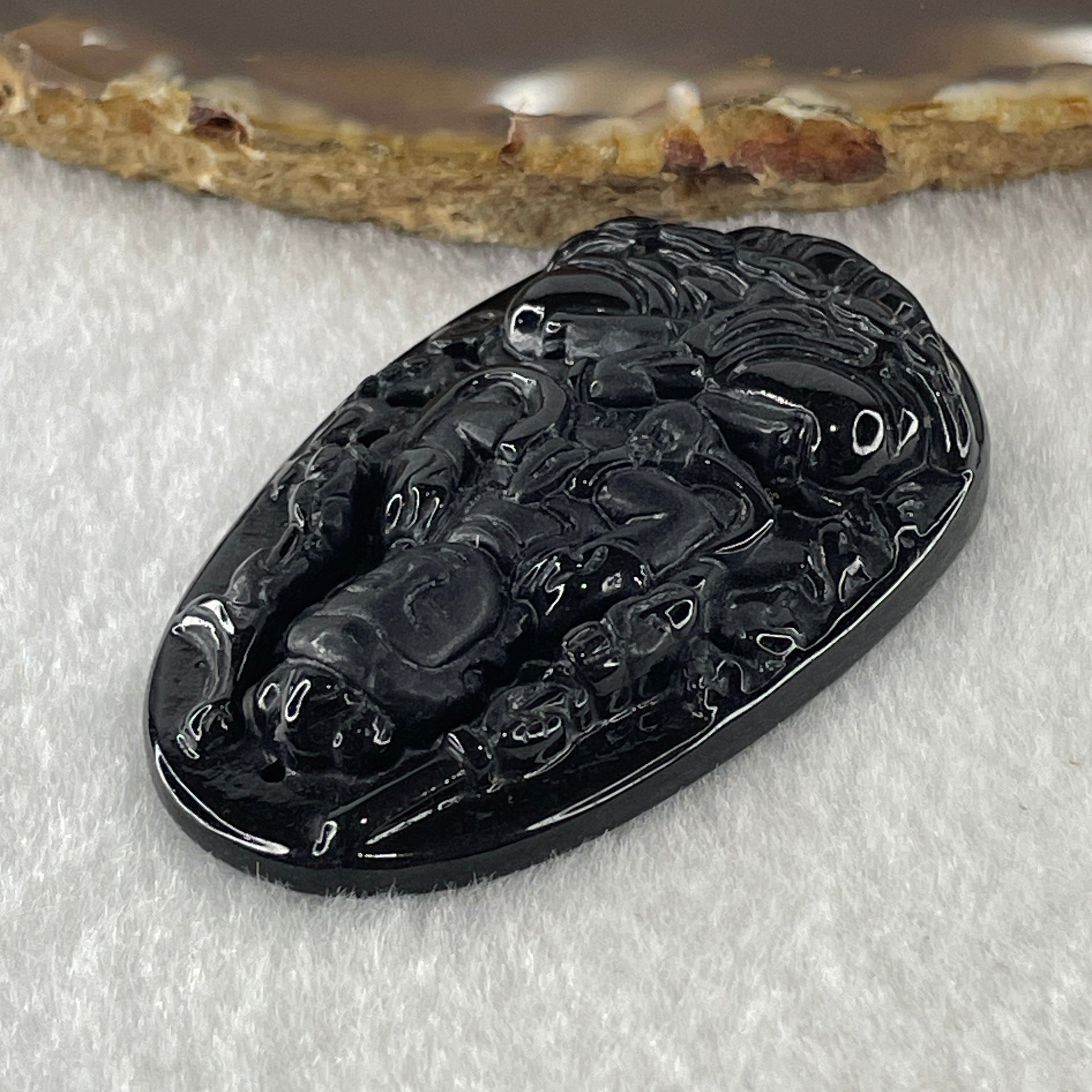 Type A Opaque to Partial Translucent Black Omphacite Jadeite Thousand Hand Guan Yin Pendant Rat Zodiac Guardian 19.78g 53.3 by 34.3 by 8.6mm - Huangs Jadeite and Jewelry Pte Ltd