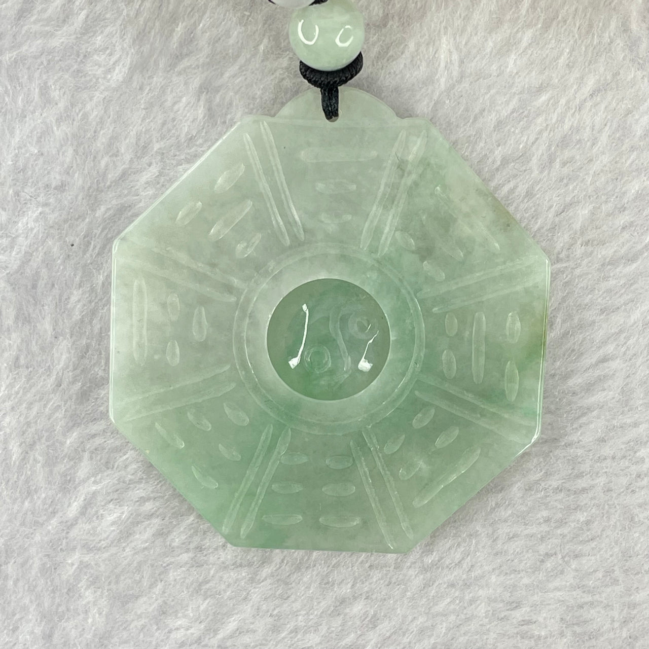 Type A Light Green Jadeite Tai Chi Bagua Pendant Necklace 33.87g 48.3 by 46.0 by 5.4mm - Huangs Jadeite and Jewelry Pte Ltd