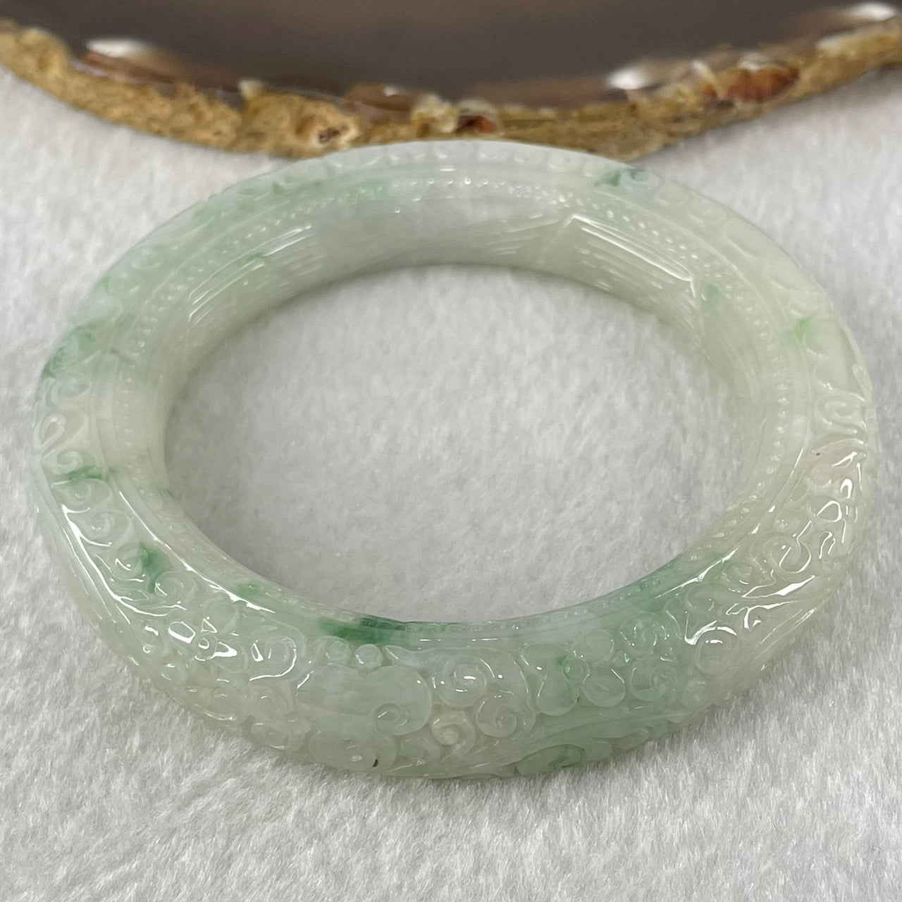 Type A Light Green with Blueish Green Piao Hua Jadeite Carved Floral FU and Ruyi Blessing Bangle 87.62g Internal Diameter 55.7mm 13.0 by 12.7mm (Internal Line) - Huangs Jadeite and Jewelry Pte Ltd