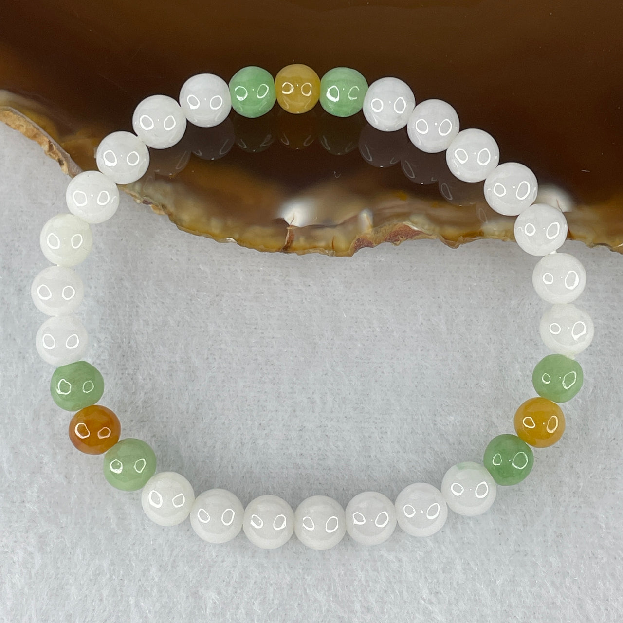 Natural Type A Tricolor Jadeite Bracelet | 16cm Tailored 6.7mm Round White Green Yellow "Three Happiness" Bead Strand (13.96g, 30 Beads)