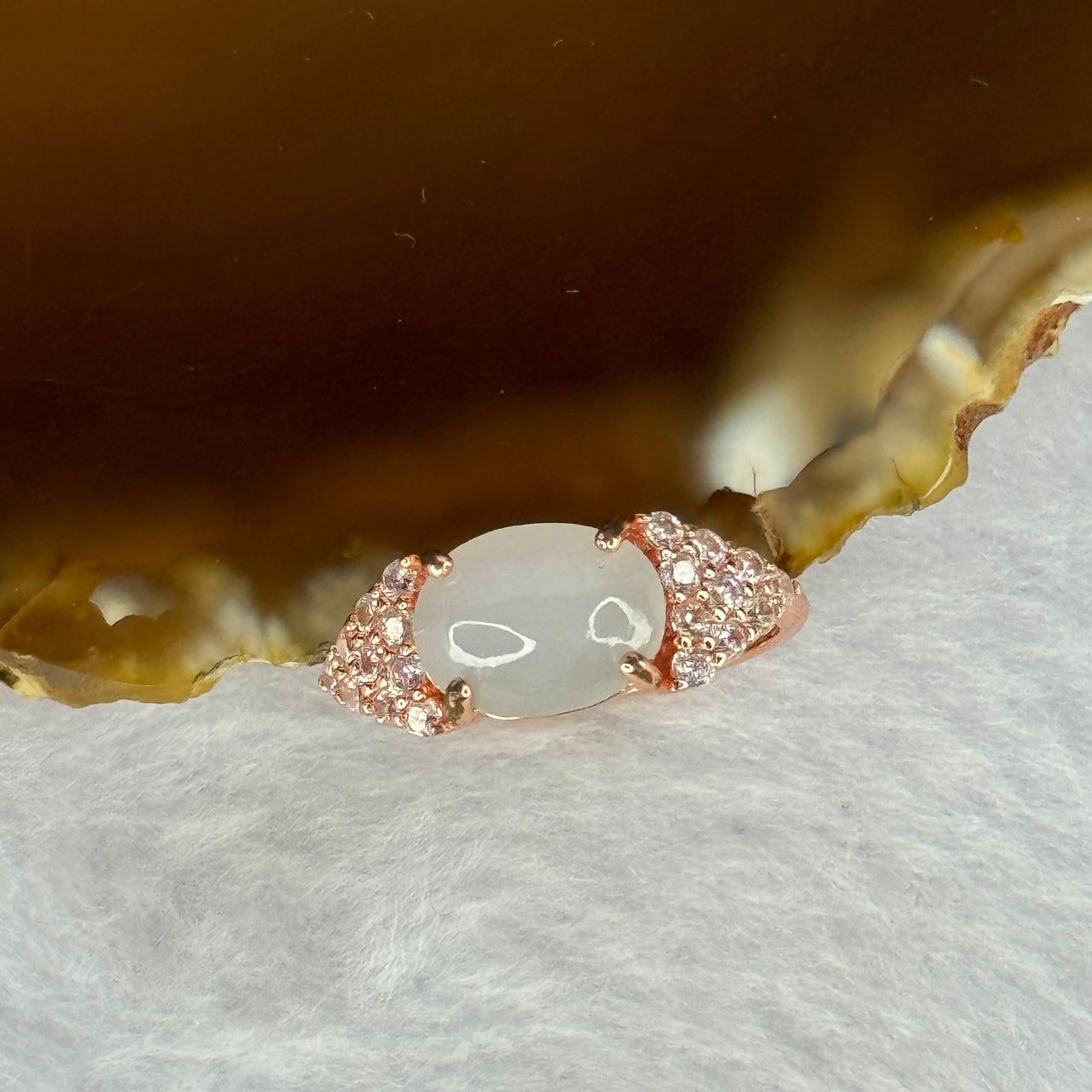 Type A Light Lavender Jadeite with Crystals in S925 Sliver Rose Gold Color Ring (Adjustable Size) 2.03g 7.5 by 10.0 by 4.0mm - Huangs Jadeite and Jewelry Pte Ltd