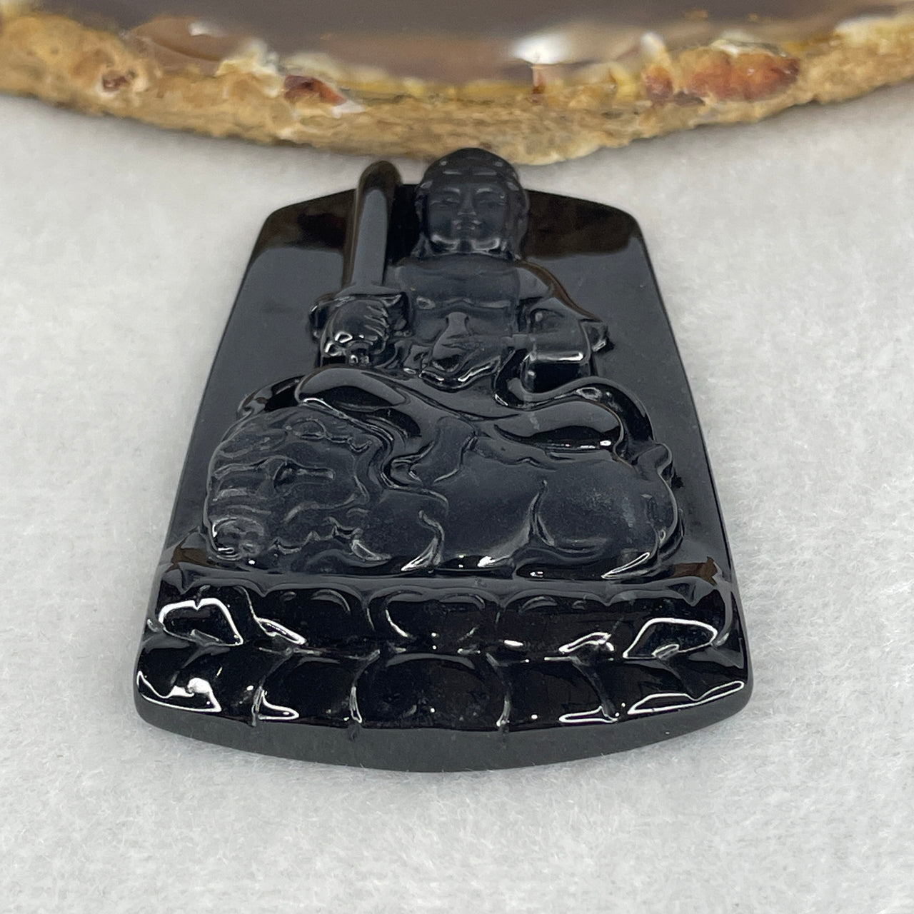 Wisdom, Protection Amulet - Certified Natural Type A Black Omphacite Jadeite Manjusri Bodhisattva on Lion Pendant 25.01g 57.3 by 39.0 by 7.4mm