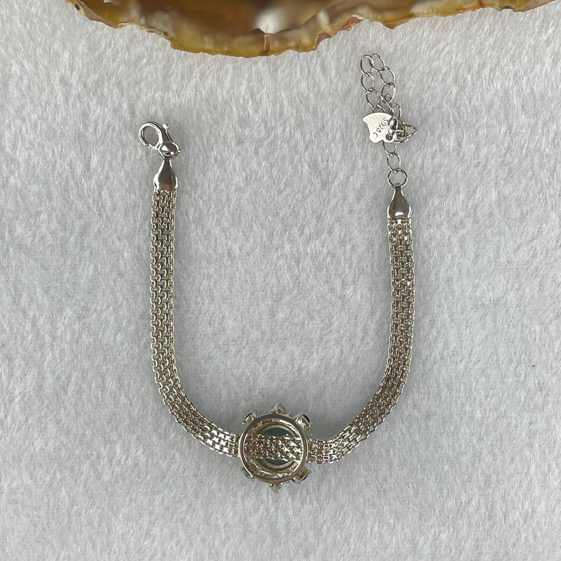 Type A Icy Blueish Green Jadeite Cabochon With Crystals in S925 Sliver Bracelet 5.02g 7.6 by 4.0mm - Huangs Jadeite and Jewelry Pte Ltd