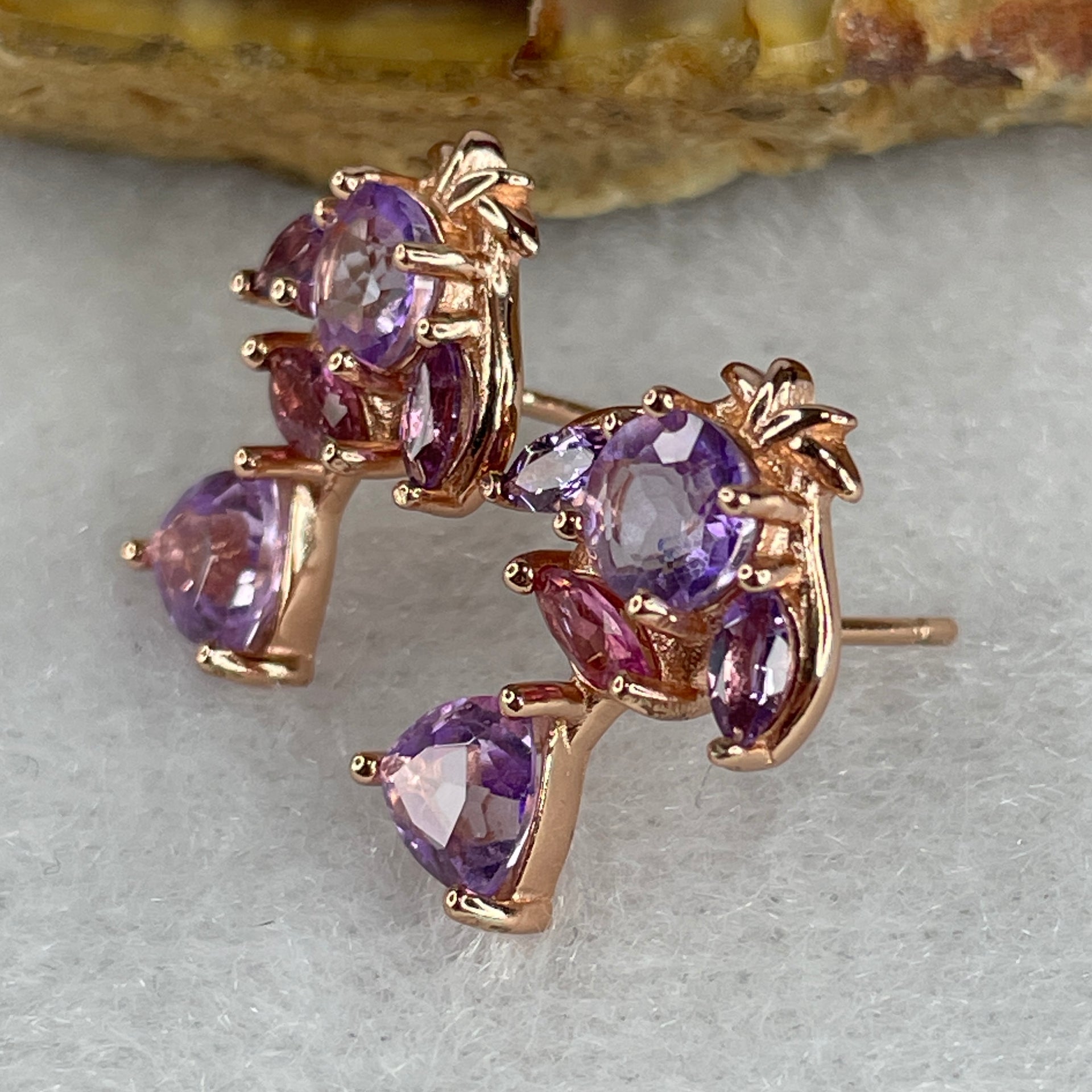 Natural Amethyst Fish Shape Earring in S925 Sliver Yellow Gold Color 2.94g 5.0 by 3.0mm 2 Pcs - Huangs Jadeite and Jewelry Pte Ltd
