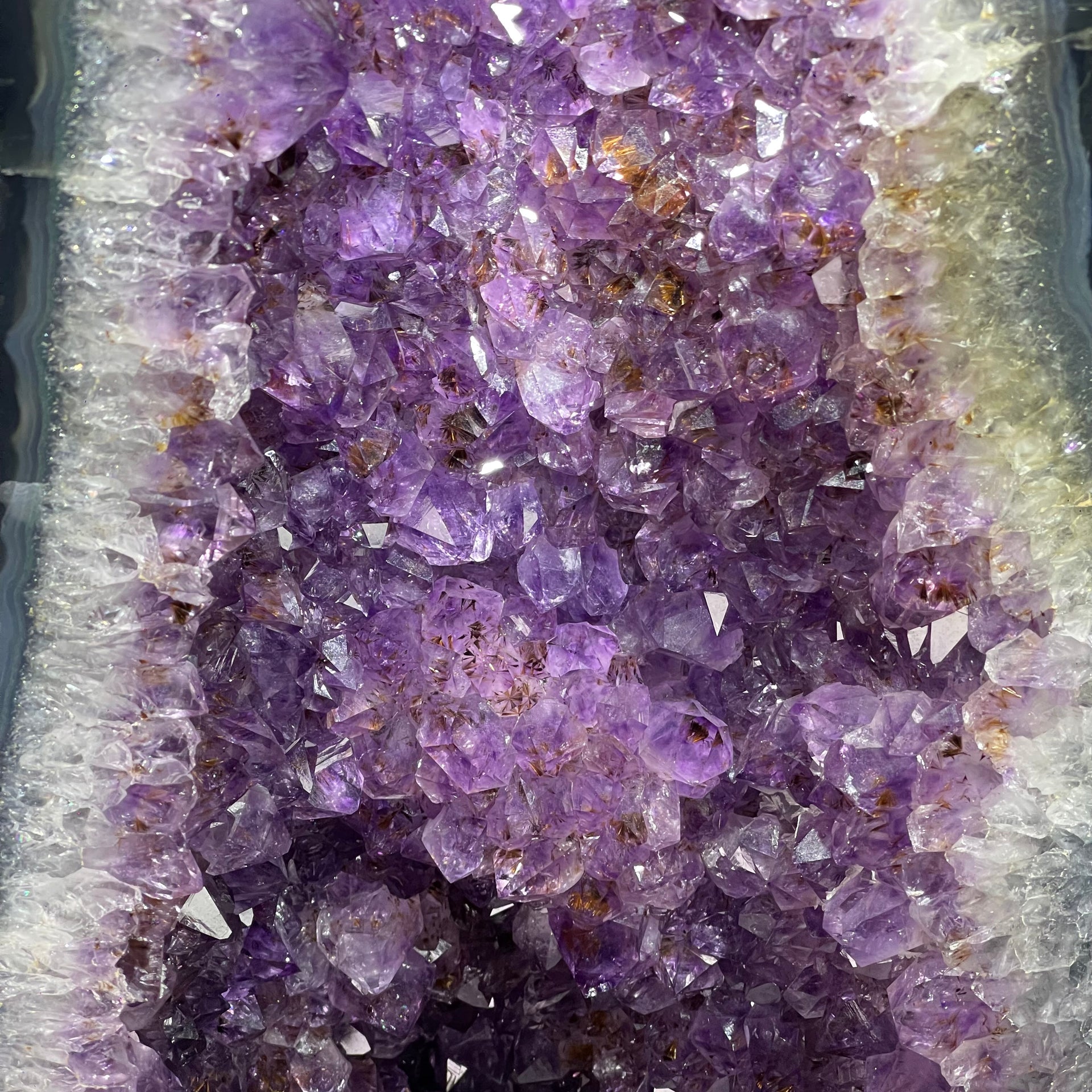 Good Grade Natural Brazil Cacoxenite Amethyst Golden Rutilated Cave with White Calcite 11,1742kg 220.0x154.0x405.0mm - Huangs Jadeite and Jewelry Pte Ltd