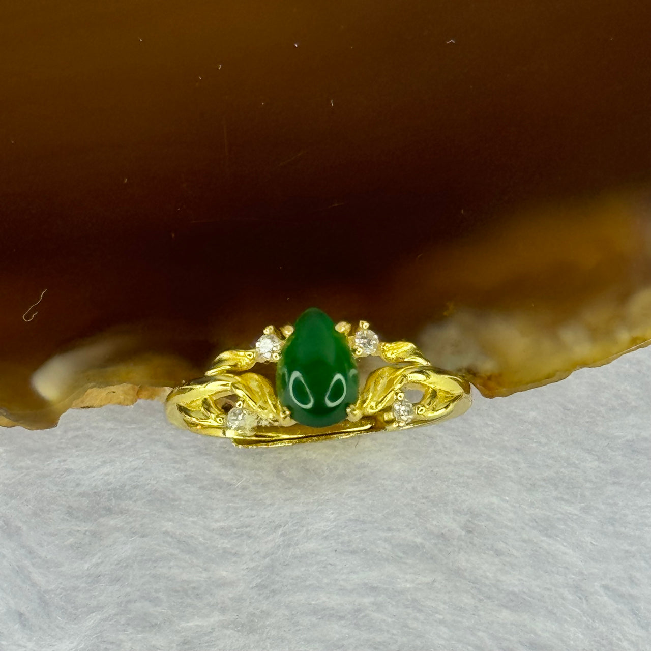 Type A Icy Green Jadeite Teardrop in S925 Sliver Gold Color Ring (Adjustable Size) 1.53g 7.5 by 5.3 by 2.5mm - Huangs Jadeite and Jewelry Pte Ltd