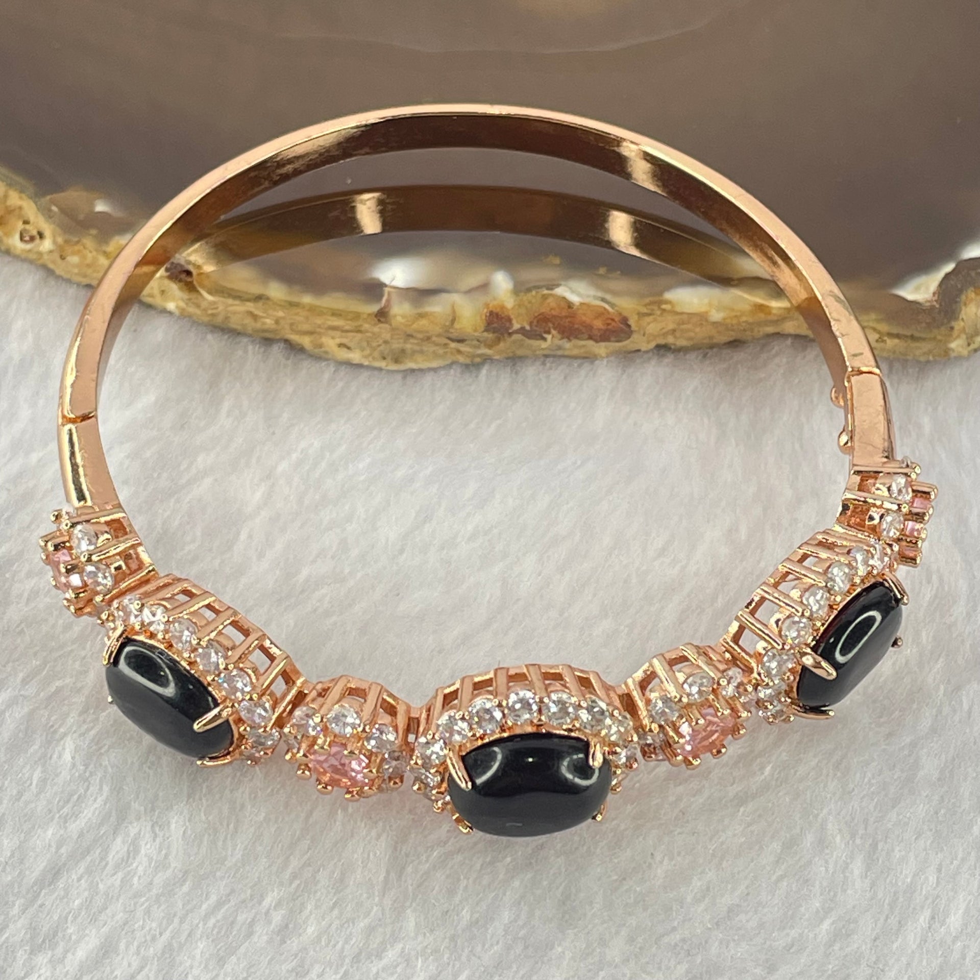 Natural Dark Blood Red Amber with Crystal in Rose Gold Color Bangle 26.43g 18cm 12.1 by 9.0 by 3.5mm 3pcs - Huangs Jadeite and Jewelry Pte Ltd