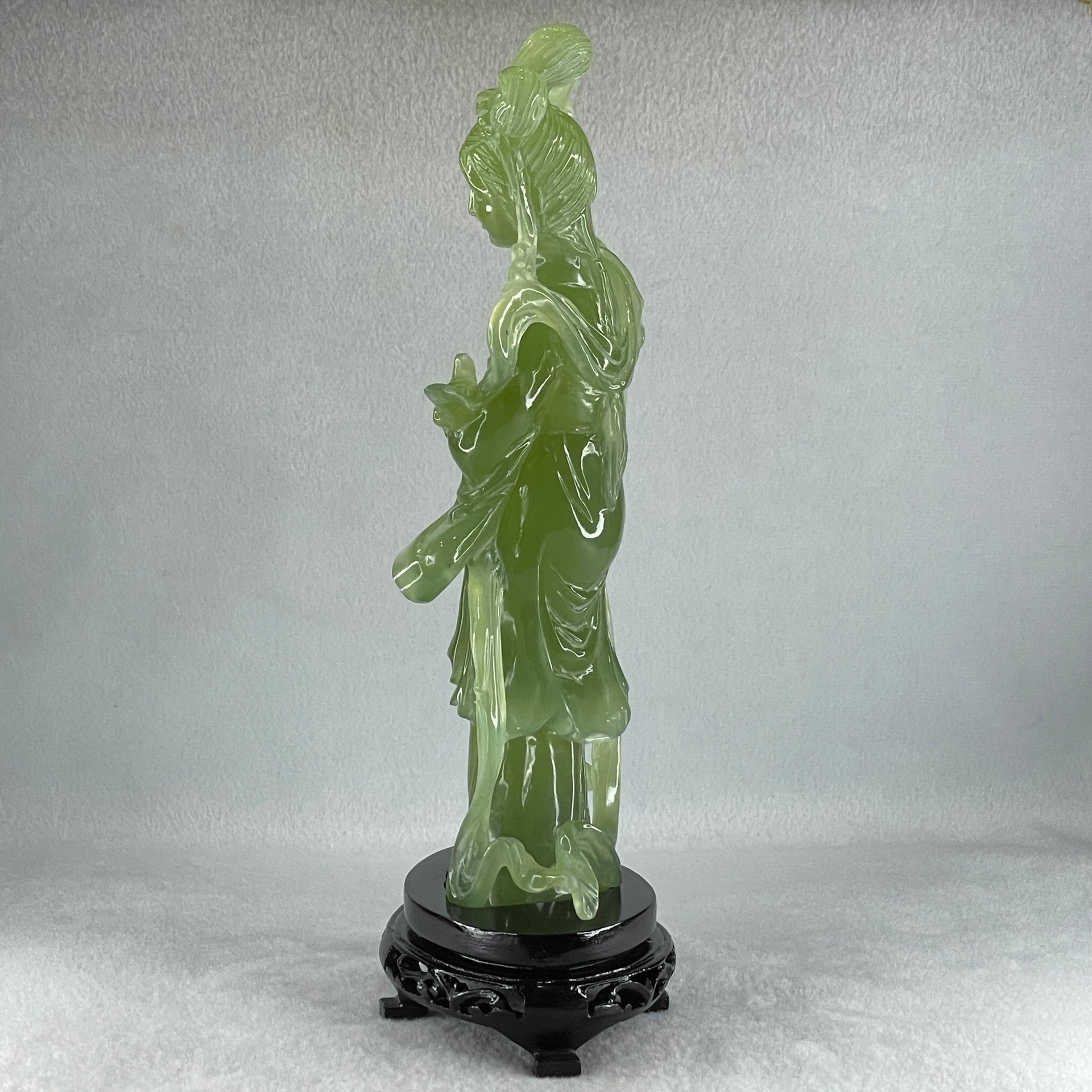 Natural Green Serpentine Fairy with Bird and Flower with Wooden Stand Display 697.8g 118.0 by 257.0 by 75.0mm - Huangs Jadeite and Jewelry Pte Ltd