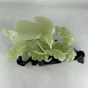 Natural Green Serpentine Magpie Bird with Cricket on Grape with Wooden Stand Display 1,042.7g L195.0 by B105.0 by H180.0 mm - Huangs Jadeite and Jewelry Pte Ltd