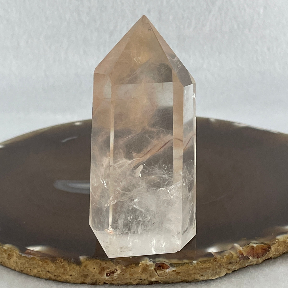 Natural Clear Quartz with Pink Rabbit Hair Tower Display | (103.82g | 76.4 x 36.0 x 24.0mm | Catalyst, "Stone of Soft Romance & Gentle Magnetism" Harmony Generator, Feng Shui Relationship & Serenity Anchor)
