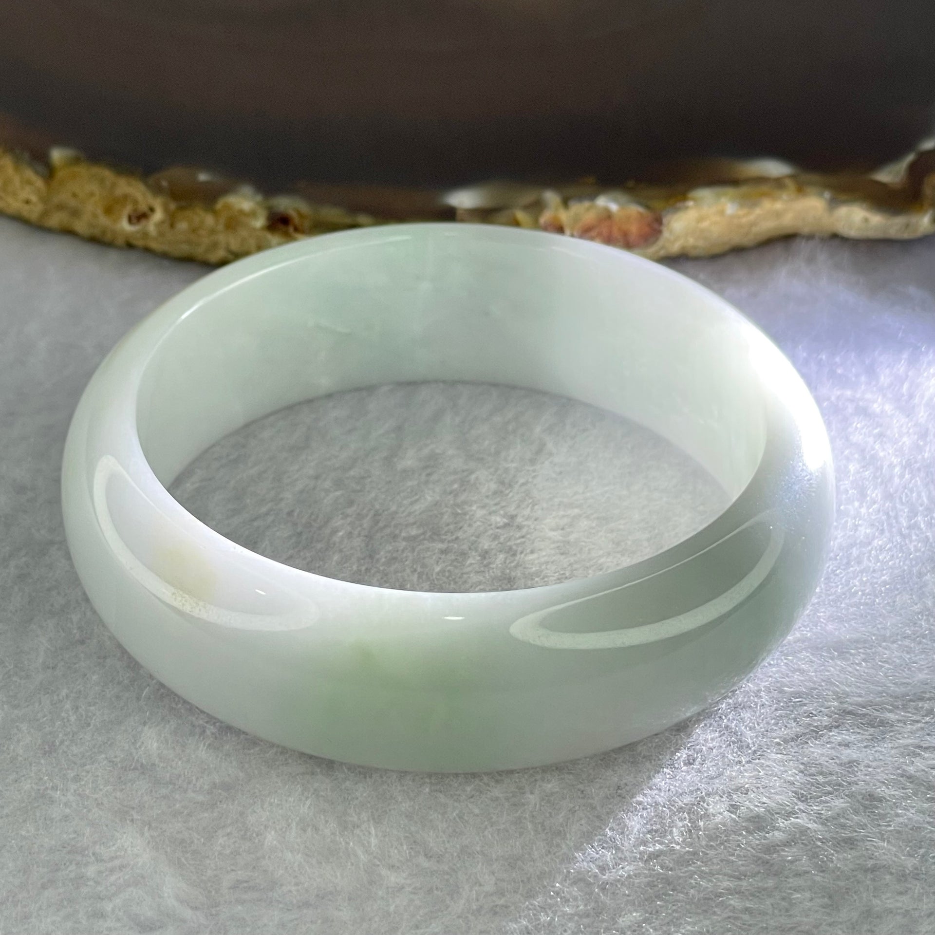 Type A Faint Lavender Green Jadeite Bangle Internal Diameter 55.3mm 61.24g 17.3 by 7.2mm (Internal Lines) - Huangs Jadeite and Jewelry Pte Ltd