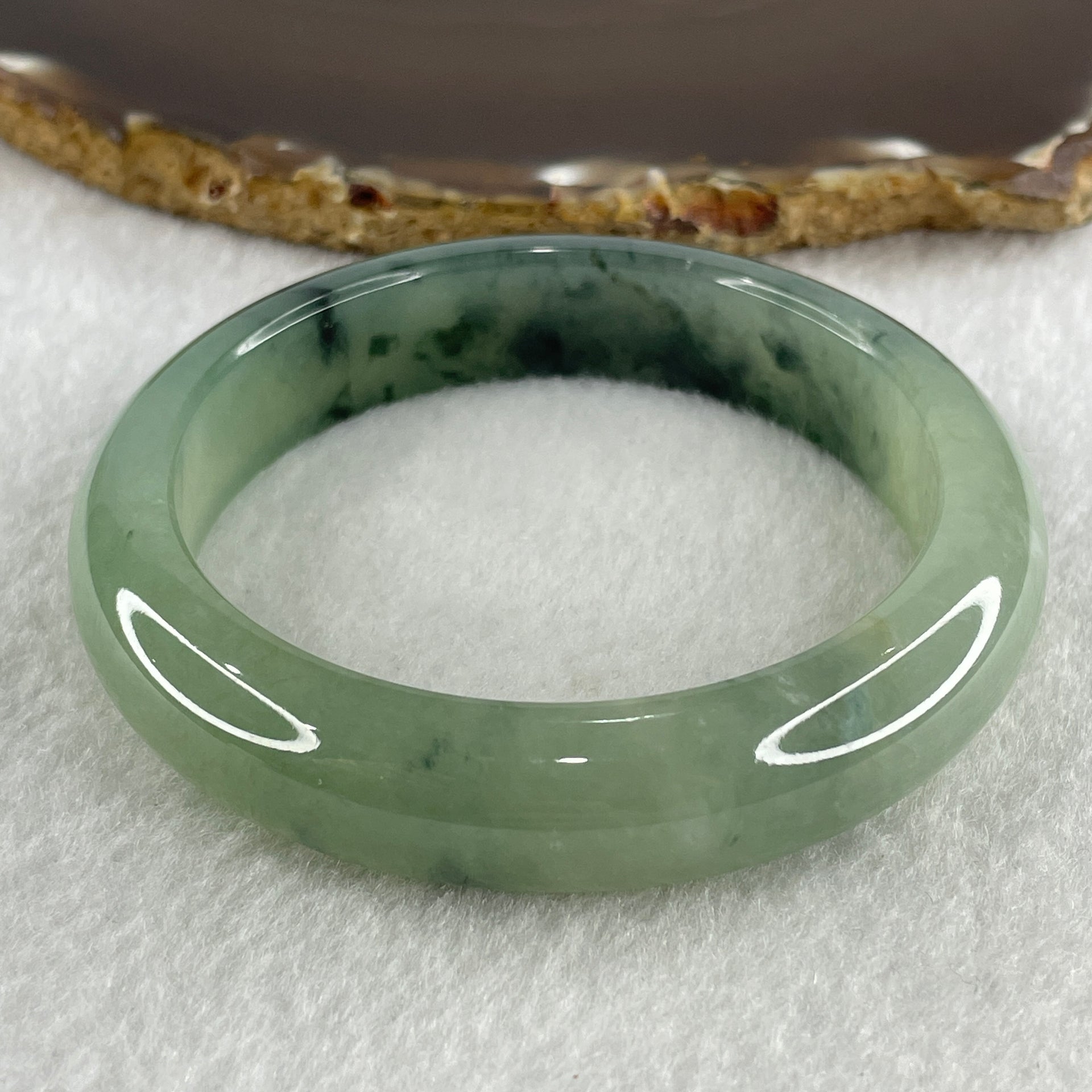 Certified Type A Natural Semi Icy Light Green with Dark Green Fluorite Piao Hua Jadeite Bangle 66.27g Inner Diameter 57.6mm 13.8 by 9.2mm (Very Very Slight Internal Line) - Huangs Jadeite and Jewelry Pte Ltd