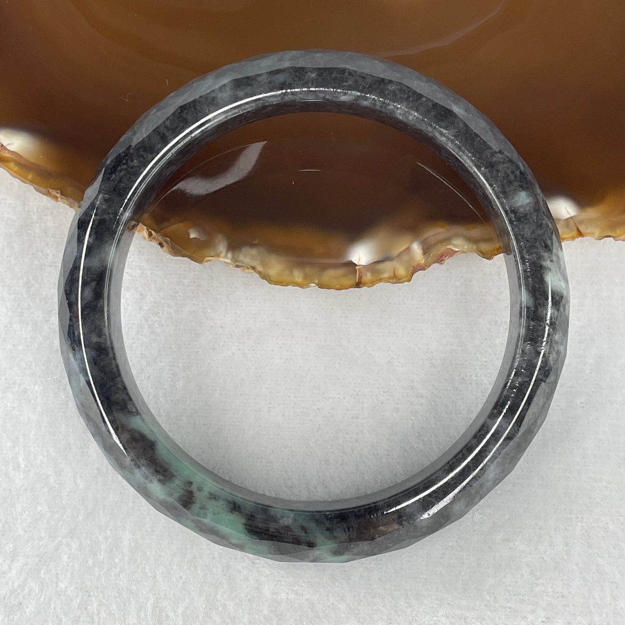 Certified Natural Type A Wuji Grey & Green Jadeite Faceted Bangle | Geometric Multi-Faceted Artisan Polish | "Ink & Emerald" Sovereignty Armor Bangle (62.47g 12.2x10.1mm | 60.2mm Inner Diameter)