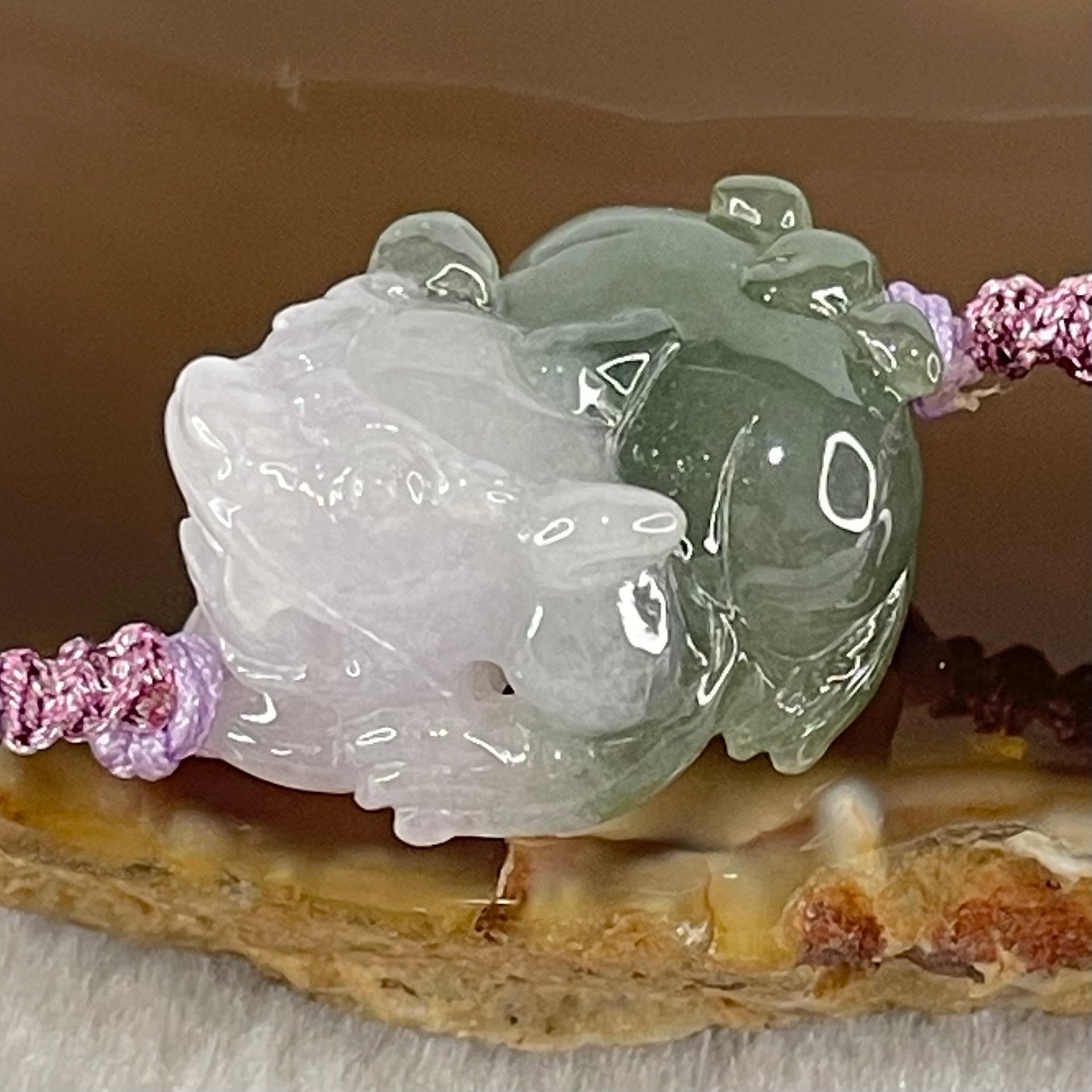 Type A Blueish Green with Lavender Jadeite Male Pixiu String Bracelet 10.74g 14cm 23.0 by 17.6 by 12.8mm - Huangs Jadeite and Jewelry Pte Ltd